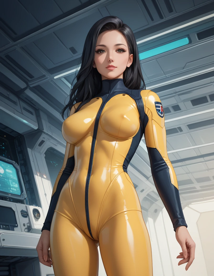Best quality, 8K, vivid color, woman retro futurism, static pose, looking to observer, brown hair, long eyelashes, light brown shiny leotard, cleavage, metalic details, light orange pantyhose, neutral sci-fi scenario