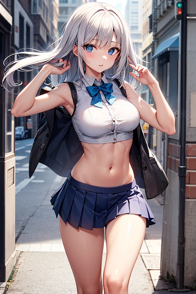 realistic image, detailed image, coherent image, 1 beautiful girl, she has very long hair, white hair with blue stripes. Her eyes are heterochromic: the right eye has a light blue iris and a drop-shaped dark blue pupil, while the left inverts the color combination. Smiling expression. She is wearing a strapless top, a cardigan, plaid pleated miniskirt, sneakers, She has a curvy body, small breasts and thick thighs, She is posing sensually, arching her back, French atmosphere, surrounded by a park, surrounded by flowers. Soft focus, Dramatic shadows, Volumetric lighting, natural lighting,heterochromia,