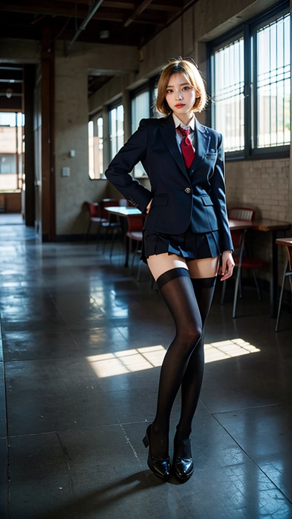Set Skirt Pleated Short Skirt,Exposing your thighs。 Possession of a pistol, On alert, Ready for battle, Deserted Village, One girl, compensate, Silky Hair, Fully clothed, Skirt Suit, スーツとtie, (((Three-piece suit))), silk dress shirt, シャツとtie, tie, ((blazer)), ((Suit jacket)) ((No vest)), Bodycon mini skirt, pantyhose, tights, stockings, ((Red lipstick)), ((Pinstripe suit)), High heels, belt, tieピン, Pocket Chief, Tailored Suits