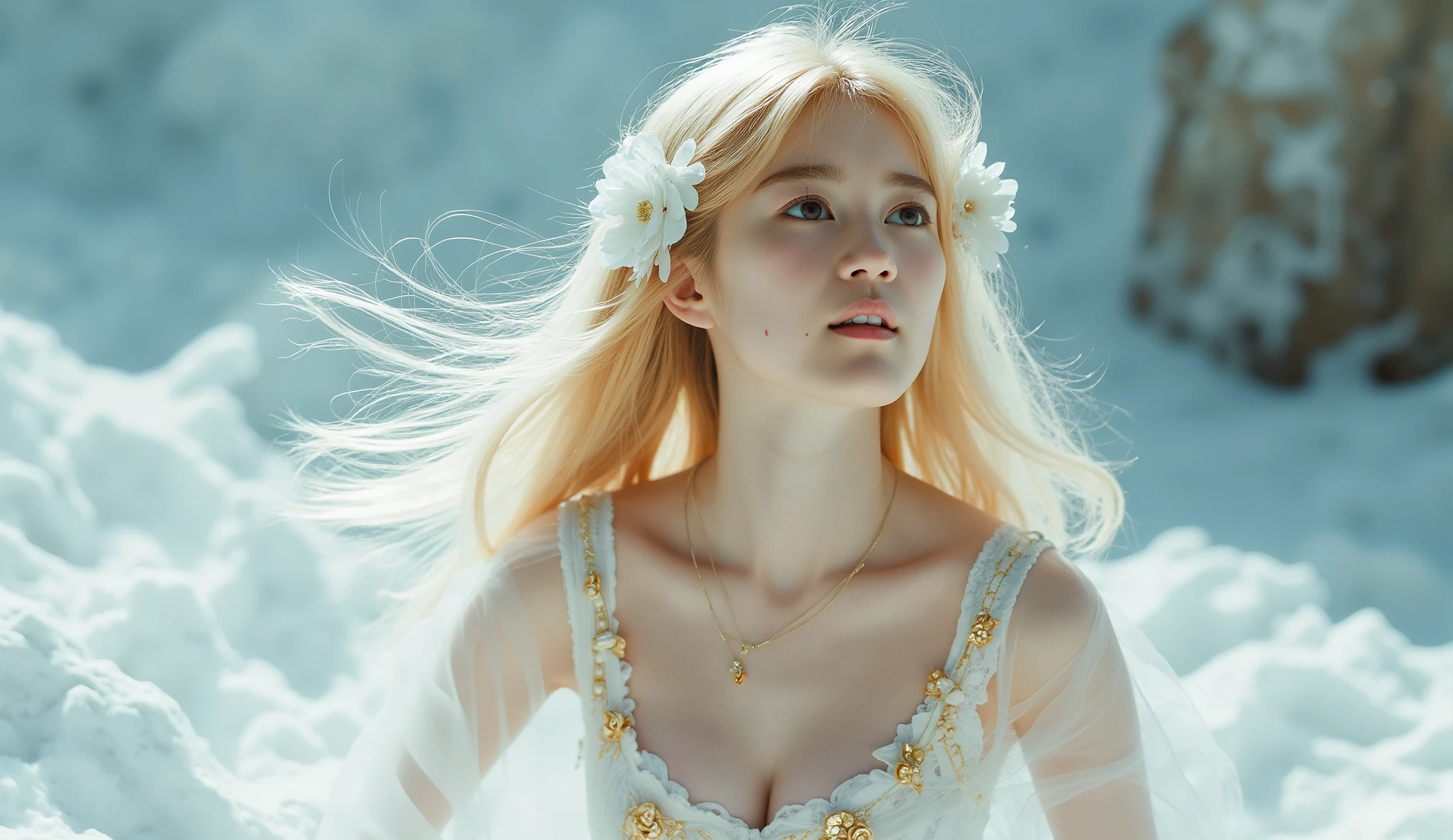 18 year old asian girl, seductive expression, Create a 16K Ultra HD masterpiece featuring a low-angle shot of a beautiful Japanese woman {x} A young woman is wearing a cosplay costume inspired by fantasy characters . she says 金の装飾が施された流れるような2ピースの白いドレスを着ています ., She's wearing a flowing 2-piece white dress with gold embellishments . like being in a high-tech environment , or space-like beauty , looking up and posing、posing as if it were part of a space mission . she says , Deep Thoughtful, with soft light、long blond hair adorned with white flowers on both sides .. outdoor. Reflective materials and lighting pose、Futuristic、creating a serene and graceful, similar to a goddess or heaven、the background is blurred. A brightly colored lingerie set with delicate floral patterns and white fishnet stockings. she says 肌が白い, big breasts, curvy figure. gold tone .