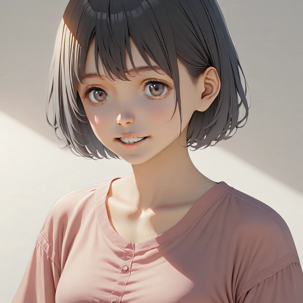masutepiece, Best Quality, (Realistic, Photorealsitic:1.4), (Raw photo:1.2), the Extremely Detailed CG Unity 8K Wallpapers, Delicate and beautiful, amazing, finely detail, Official art, absurderes, unbelievable Ridiculous, huge filesize, Ultra-detailed, Extremely detailed, extremely detailed girl, extremely detailed eye and face, Light on Face,Little smile,hyuga hyuga,(Blunt bangs:1.2),Short hair,(Dark blue hair:1.25),I'm wearing a cream-colored tank top,(Teen Girl:1.7),close up,idol,barechested