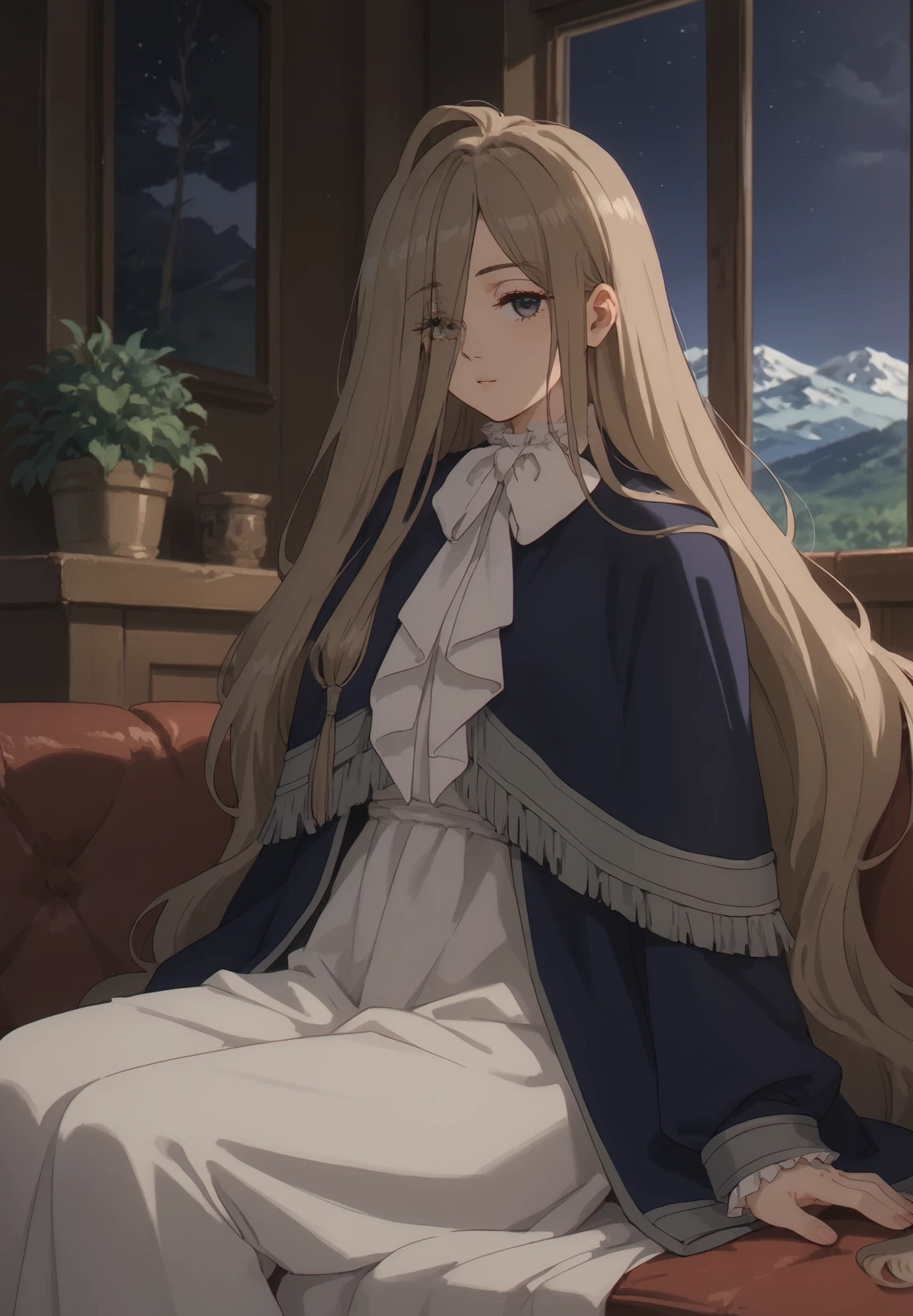 1girl, solo, Sense, Beyond Journey's End, sitting on a couch, long hair, sexy pose, alluring atmosphere, mountain cabin, night time, beautiful lighting and shadows,