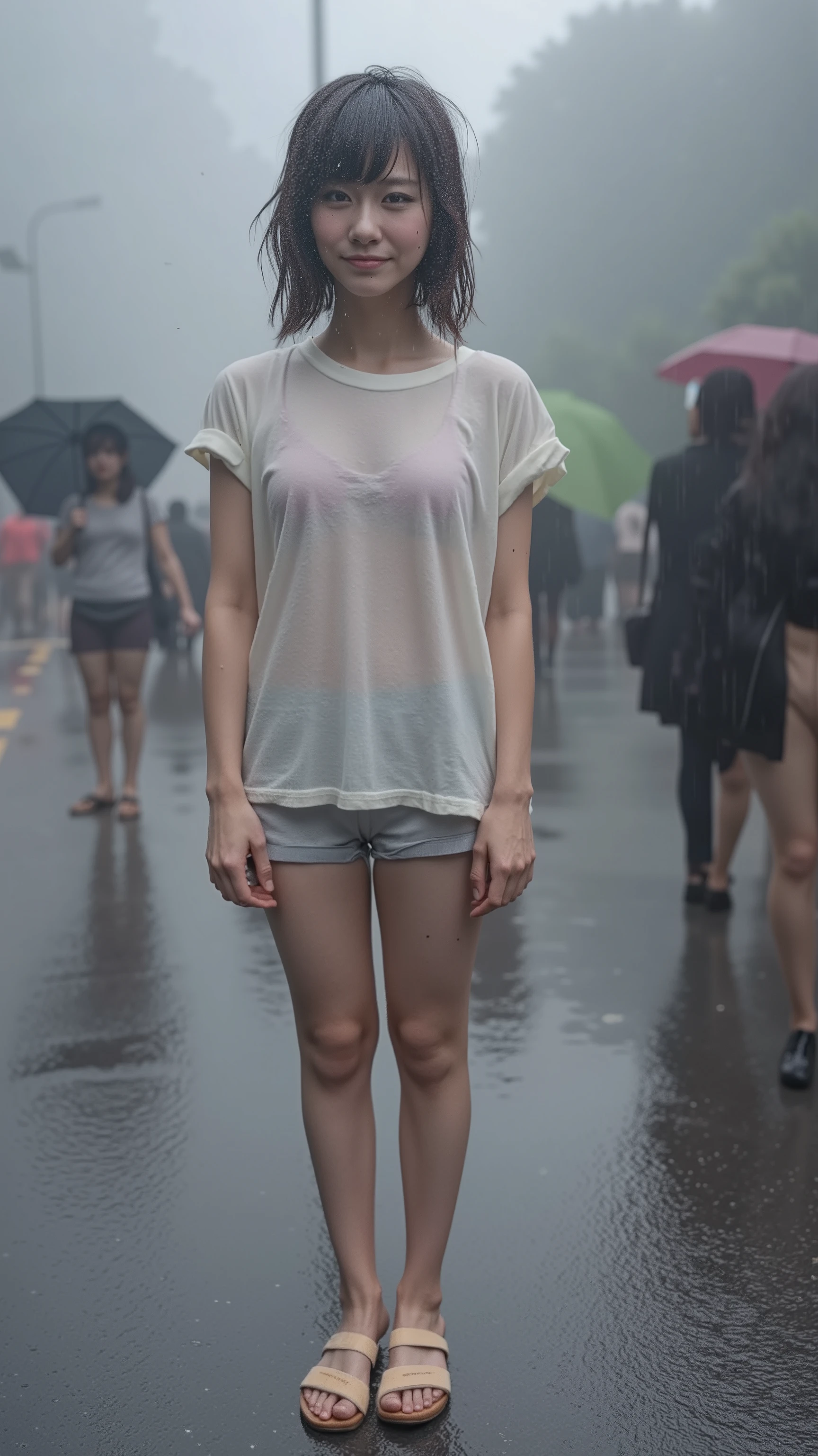 1 Japanese beautiful girl,28yo girl, Super beautiful detailed face, (smile:1.4), earrings, (blonde very short pixie hair with blunt bangs:1.6),(front view:1.5), (medium shot), (chubby body), (neutral-colored large areola:1.4),(nipples), BREAK, masterpiece, best quality, ultra quality, high quality, realistic, photo realistic, RAW photo, hyper detailed, intricate detaile,(crowded street:1.2),cinematic lighting,(completely nude:1.5), (wet body),(wet hair), ((dark cloud and sky)), raining, (rain filtered), (rain splashes in water),(lightning:1.3),(raindrops:1.1),(downpour:1.2),(raining:1.3),above knee shot,((from front)),(hairy pussy:1.1),(camel toe), ((white Halterneck tanktop:1.1)),((no bra)),(covered nipples),(((no panty))),