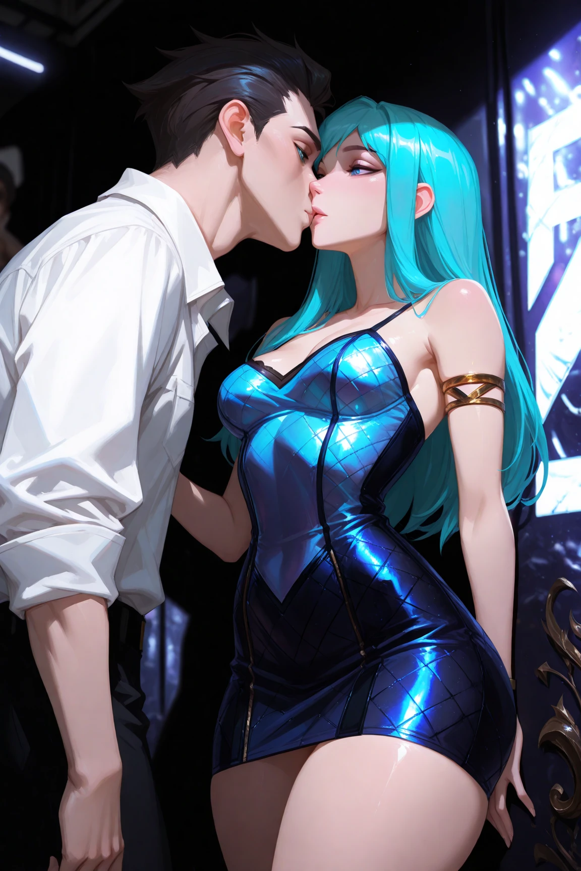 Aqua is a beautiful young woman who has a tall and slender figure.., almost as thin as Ventus and a few inches shorter than Terra. She has blue eyes and medium length icy blue hair., mainly separated to the left. She wears a black and navy blue, turtleneck top, a black corset with two pairs of white laces, and black shorts. She has two pink stripes that cross on her chest., with an distintivo prateado semelhante aos distintivos também usados por Ven e Terra no cruzamento. On Aqua's arms are white and beige bell sleeves, gloves fingerless. She also uses a small, segmented piece of armor on each arm. She wears black stockings that reach mid-thigh, leaving a small area of bare skin. There are two strips of blue cloth hanging from each of her hips.., junto with an menor, white strip of cloth tied around the waist and rolled up in the same way. His silver boots are pointed and armored, with an "hook" on the outside of each. Glow Up; sheen