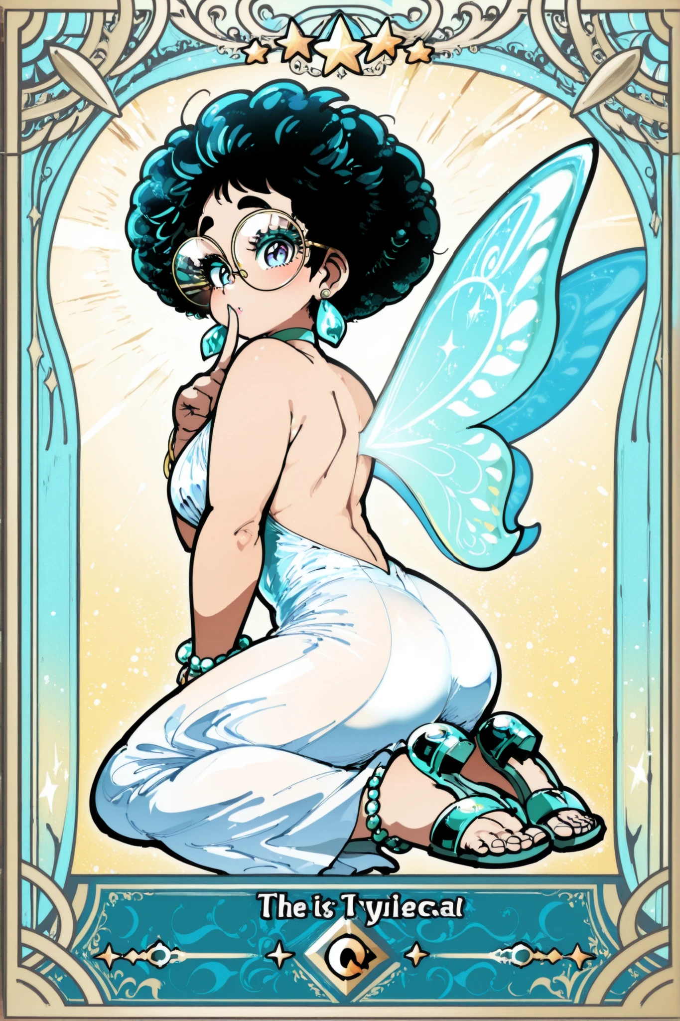 General Description : The image shows a fairy-like character, In artistic style /stylized cartoon, with an aesthetic etcetera modern. She is crouched on a shiny black surface, with luminous wings that emanate sparkle around her. Physical Traits: Tom de pele: medium-tone skin with warm undertones, suggesting a possibly mixed or racialized origin (can refer to Afro-Latin features, but is stylized enough to be unspecific). Cabelo: short hair, Black and smooth, with a modern cut in marked waves, glued to the scalp, , recalling a “finger wave” style. Rosto: DELICATE AND SOFT STROKES. Large, expressive eyes with lashes marked. glasses: Wear large round glasses with a thin, translucent frame, that add a touch intellectual and stylish. Maquiagem: Leve, but with a highlight of the eyes and the blush on the cheeks. Clothes and accessories : Vestido: White dress with transparency and shiny dots (as if they were stars), with a deep neckline and bare back. sandals: sandals de salto alto transparentes com detalhes de borboletas brancas, that complement the fairy look. Brincos: Use golden triangular earrings. Bracelets and anklets: Delicate and shiny details. Wings and Visual Effects: Asas: Large translucent fairy wings, with blue-white sheen and the effects of surrounding stars. Efeitos: The character is surrounded by s twinkling stars, reinforcing the magical and enchanted aspect. art style: cartoon style/glamorous with shiny digital finish. Inspiration probably in runway fashion mixed with fantasy.
