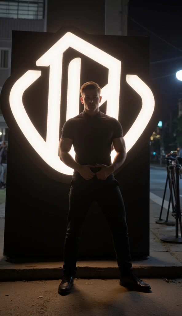 nsfw, gay, homoerotic, best quality, masterpiece, hyper realistic, extremely detailed, "Thank" text in blue neon lights in the background, huge bulge in extremely tiny white string jockstrap, extremely handsome ginger man, palms touching, smile, half body, fill frame, dark cinematic lighting, extremely dramatic shadows, no background, perfect face, perfection, no signature, no logo