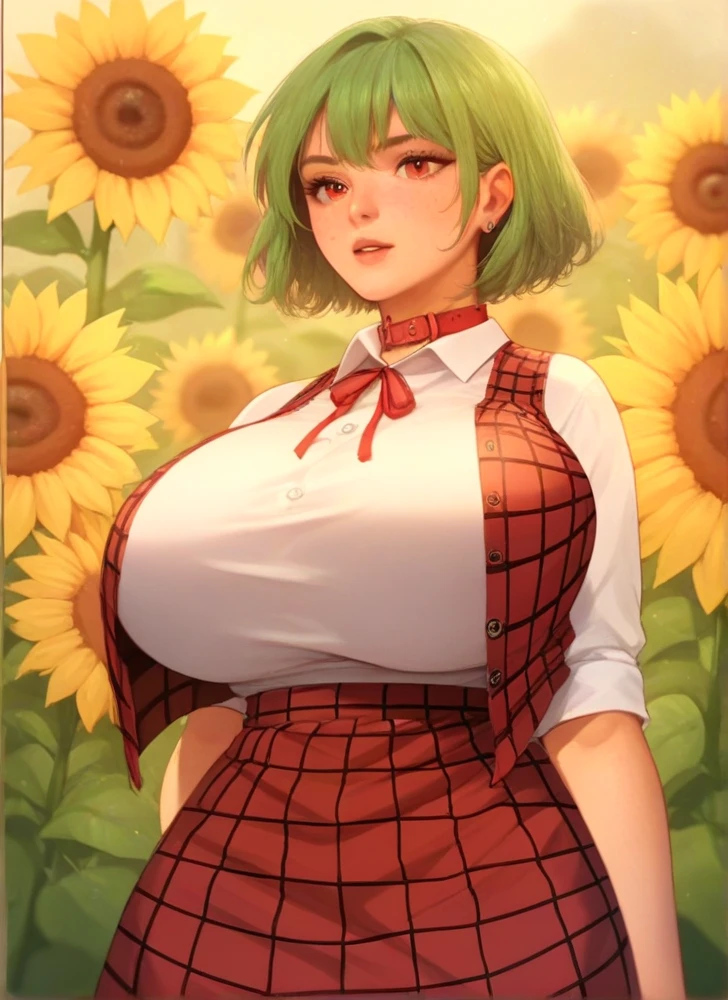 sunny、summer、Sunflower field、White clothes、No bra、Large Breasts、shame、Burning cheeks、Embarrassed、Young face、Large nipples、Big nipples、pubic hair、after the rain、Stained and clingy clothes、茂ったpubic hair、多いpubic hair