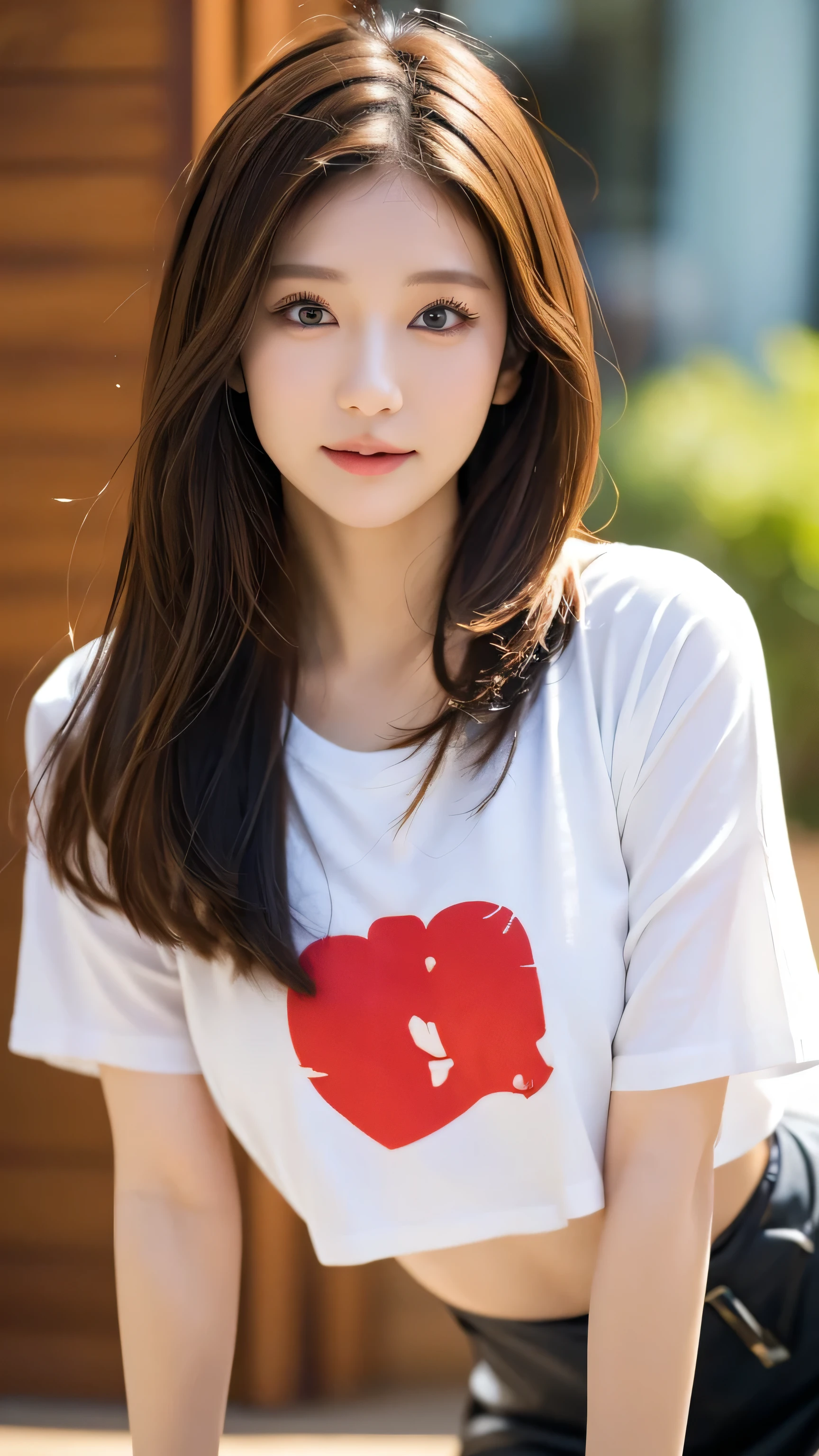 best quality,8K, very detailed, in fine detail, high resolution, 8K wallpaper, perfect dynamic composition, Meticulous Eye, beautiful eyes on my stomach、looking at camera、best quality、model、Slender Body、pictures、brown hair semi-long、Beautiful Faces、Actual item、Mako Tamura、miniskirt、T-shirt、
