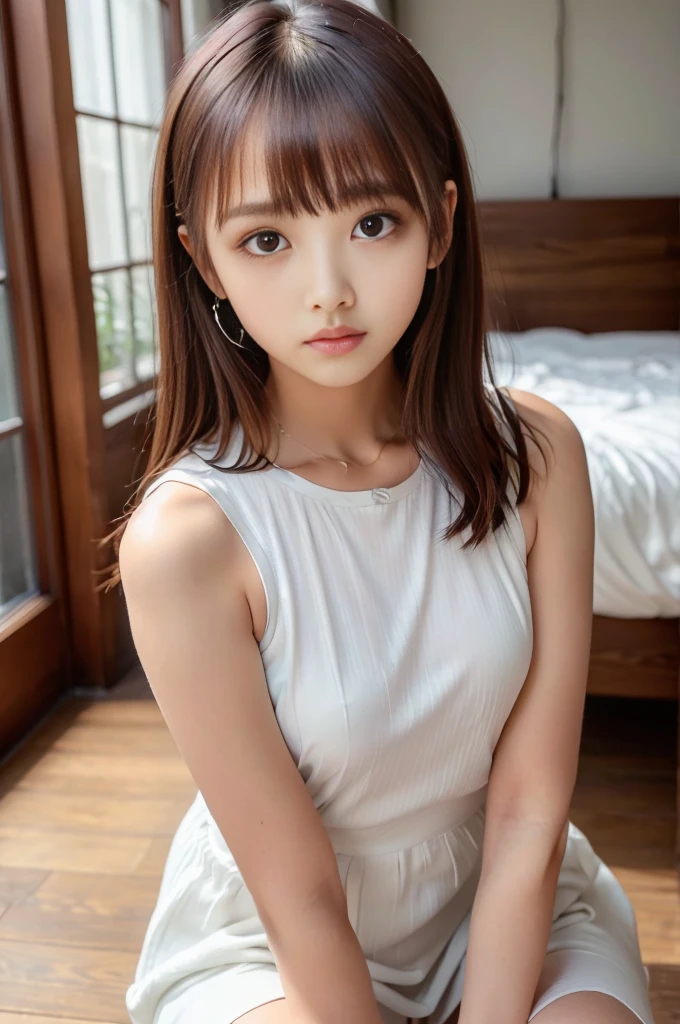 a 17 yo girl, drooping eyes, flat chest, rosy cheeks, tucked-up
