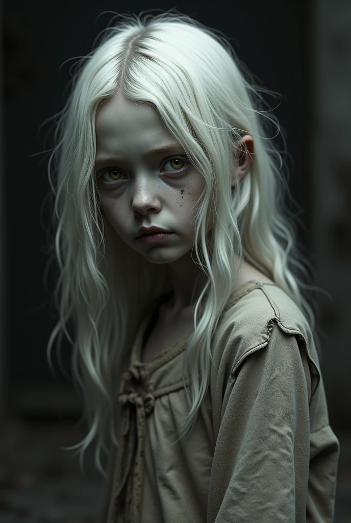 image of a young white woman, taken in high quality, with a scared face, in a damp and gloomy place illustrating a horror story