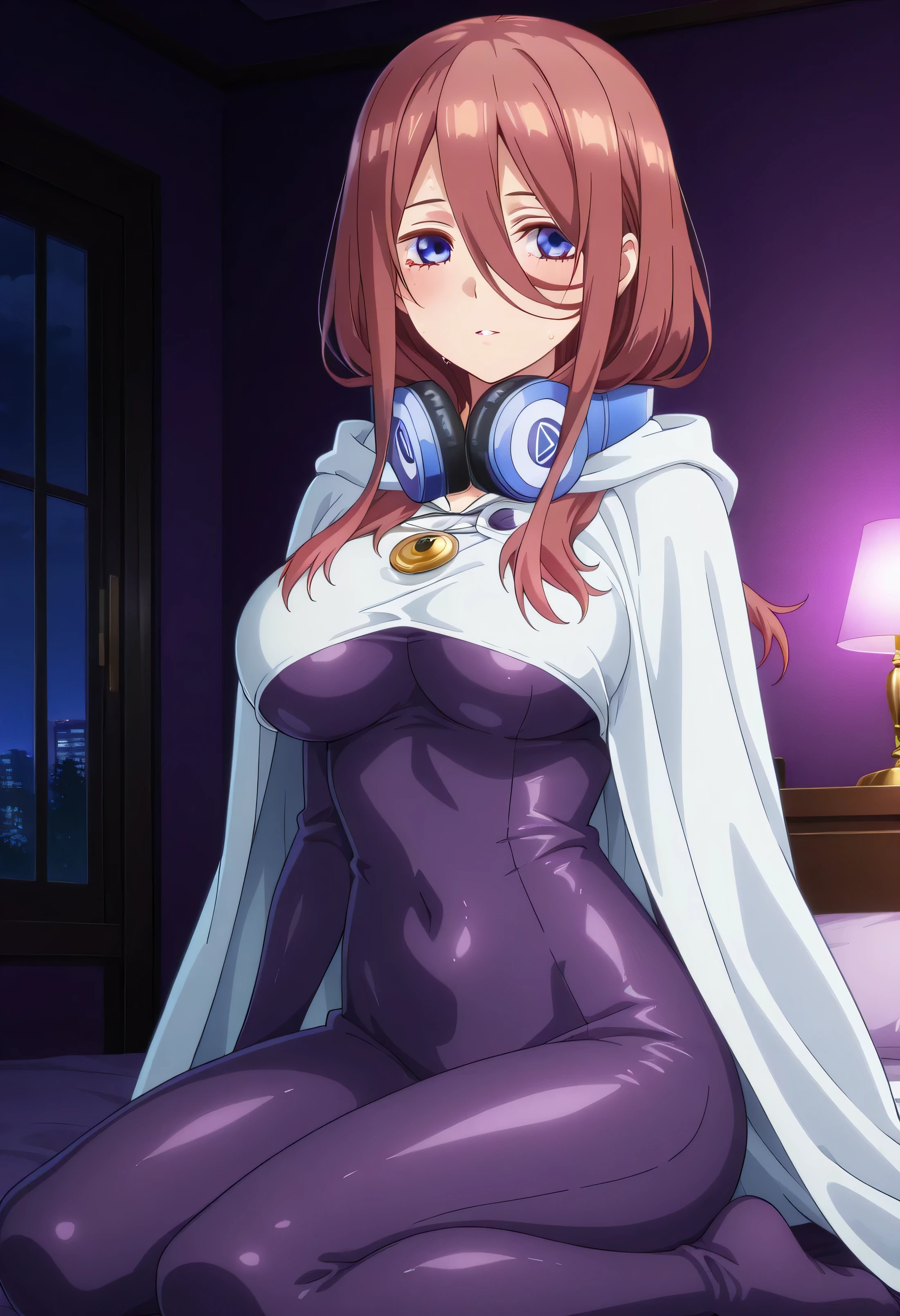 masterpiece, best quality, absurd, latest, high resolution, official art, screenshot, anime screenshot, anime coloring, 1girl, miku nakano, nakano miku, long hair, bangs, blue eyes, brown hair, hair between eyes, headphones, headphones around neck, mature female, , large breasts, in a luxury hotel at night, dark room, beautiful aesthetics with purple light, very detailed room, body with a lot of sweat and all over the body, at night, dark room, beautiful aesthetics with purple light, very detailed room, very beautiful aesthetic lighting, lighting with a lot of realism on the body, beautiful scenery with a lot of details, Emilia Season 4 outfit, purple full body bodysuit, white cloak, small white shirt, covered underboob, covered navel, golden button