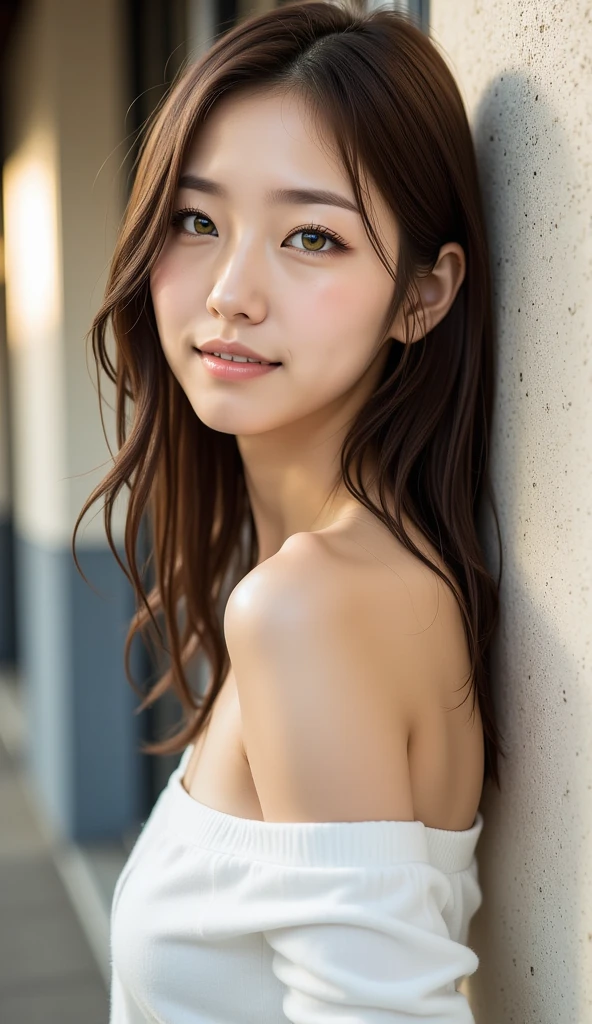 (8K, RAW photography, Best quality, Masterpiece: 1.45), (Realistic, Photorealistic: 1.37), Beach, Sand, Beach house, daytime, Professional lighting, Photon mapping, Radiosity, Physically Based Rendering, Masterpiece, Rich Detail, (Fine Face),(Fine Eyes), (Clear Face), (Detailed Face Description), (Detailed Hand Description), (Masterpiece) , Realistic, Extreme Light and Shadow, Shiny Skin,Shiny Hair, One Girl, 18 years old, cute, Seductive smile:1.2, happy, winking gradient brown hair, gray hair, Short curly, small, slender, double, disheveled hair, fine collarbone,((from side, cowboy shot: 1.3)), slouch: 1.2, ( Knitted Deep V-Neckline Slip Dress, Small, Side Boob, Flat Chest, Bare Waist, Cleavage:1.3), Emphasis on Armpits, Public Indecency, (Increased Skin Texture Beauty:1.1), Immediately After Getting Out of the Wator,