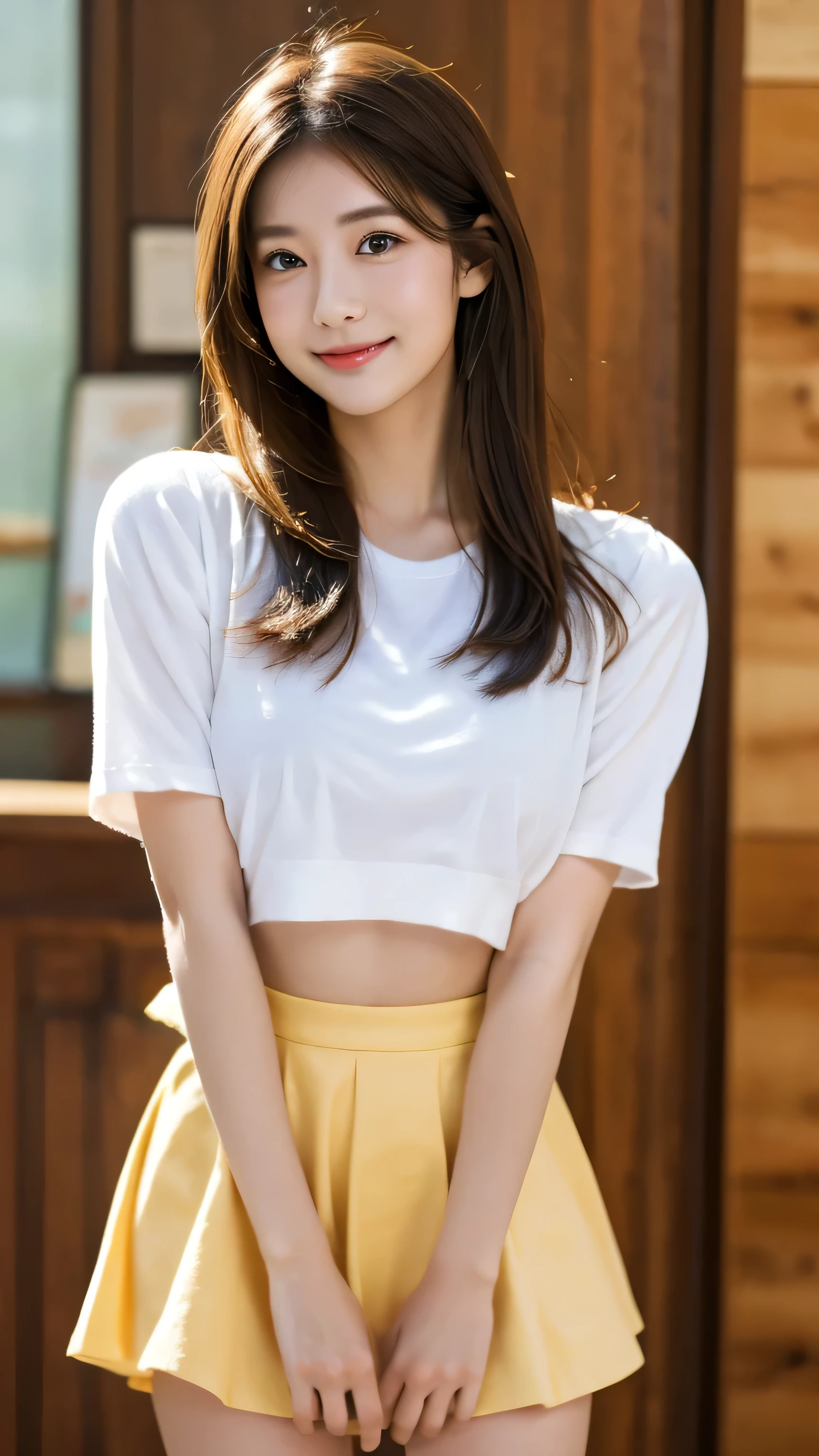 best quality,8K, very detailed, in fine detail, high resolution, 8K wallpaper, perfect dynamic composition, Meticulous Eye, beautiful eyes on my stomach、looking at camera、best quality、model、Slender Body、pictures、brown hair semi-long、Beautiful Faces、Actual item、Mako Tamura、miniskirt、T-shirt、gentle smile
