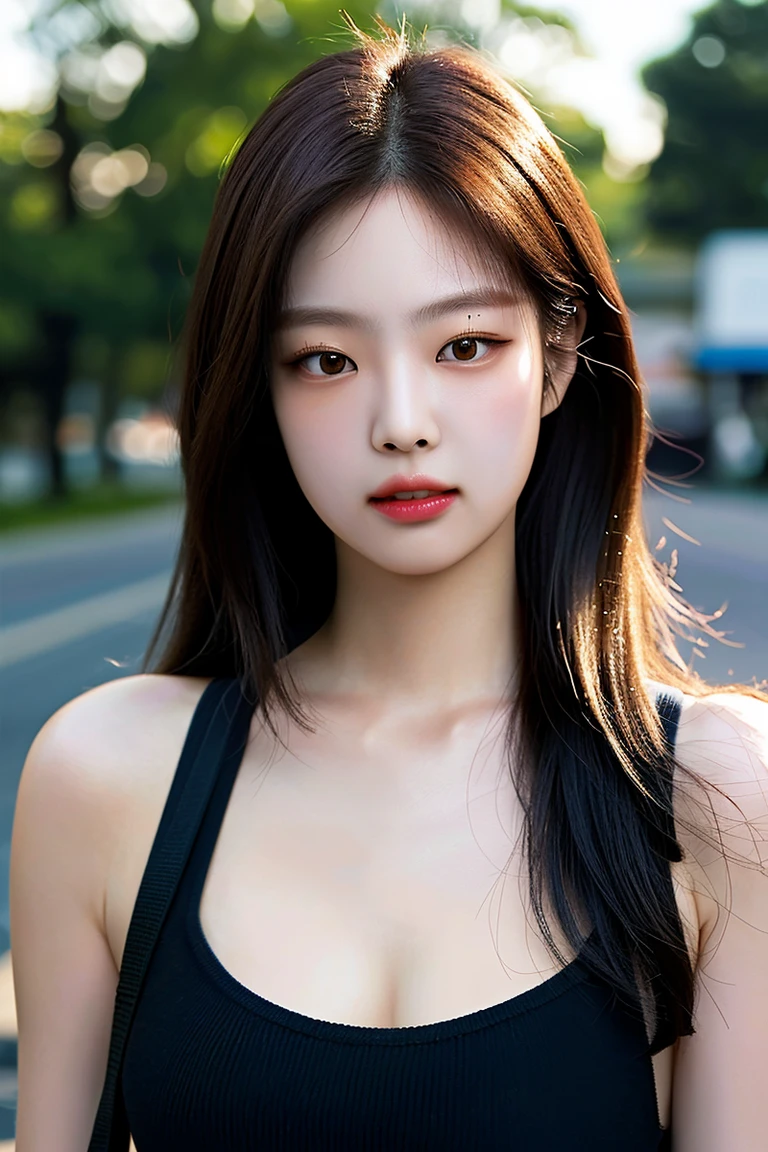 jennie1,1girl, solo, (realistic),(hyperrealism),(best quality),(masterpiece),(ultra high res),(photorealistic),(film grain),(upper body),eye makeup,detailed eyes,detailed face, ginger hair, midriff, lingerie, posing for a photo, simple background