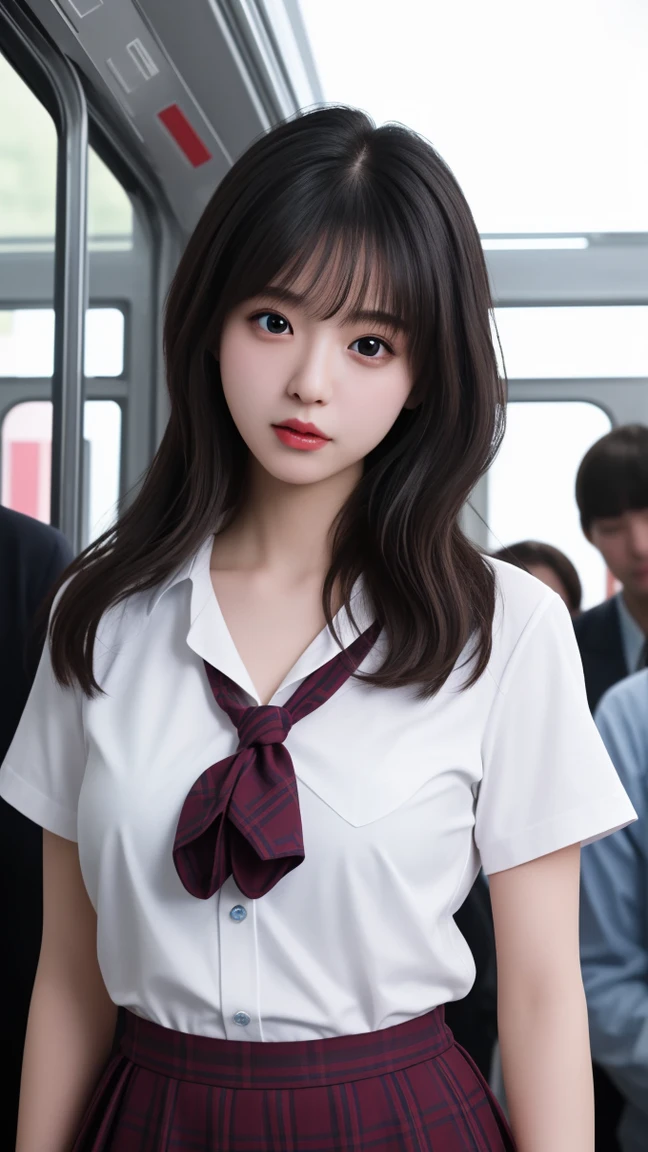 1girl,huge breast, black hair,cat ears,red school uniform, ultra detailed, masterpiece, realistic