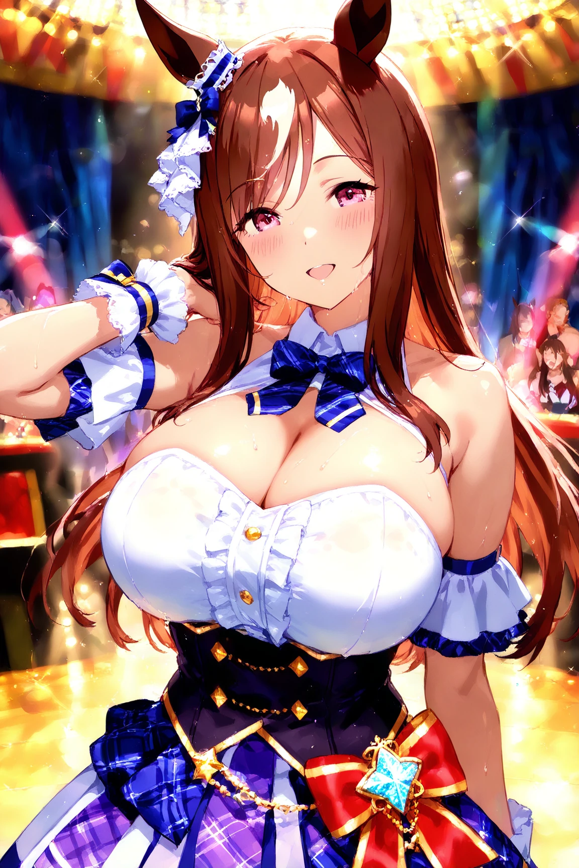 Score_9, score_8_up, score_7_up, score_6_up, score_5_up, score_4_up, source_anime, cute girl, umamusume, detailed eye, BREAK daiwa scarlet, sleeveless, umamusume costume, brown hair, long twin tail hair, sagging gigantic huge biggest breasts, huge dark areolae, areola slip, dark nipple, hairy, hairy armpit hair, sweating, heart mark words, in cabaret, crowded, blushing, prostitution atmosphere, bukkake, wide hip, grabbing ass, penis, cum shot, spreading legs, ahegao, having sex, raping, shaking body, sex