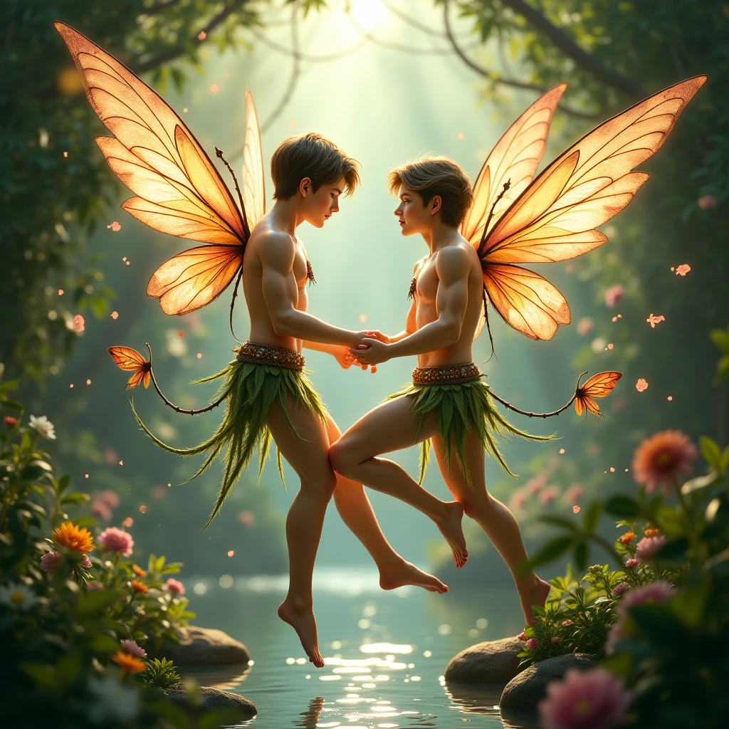 a pixie man kisses a tall fairy under a magic mushroom