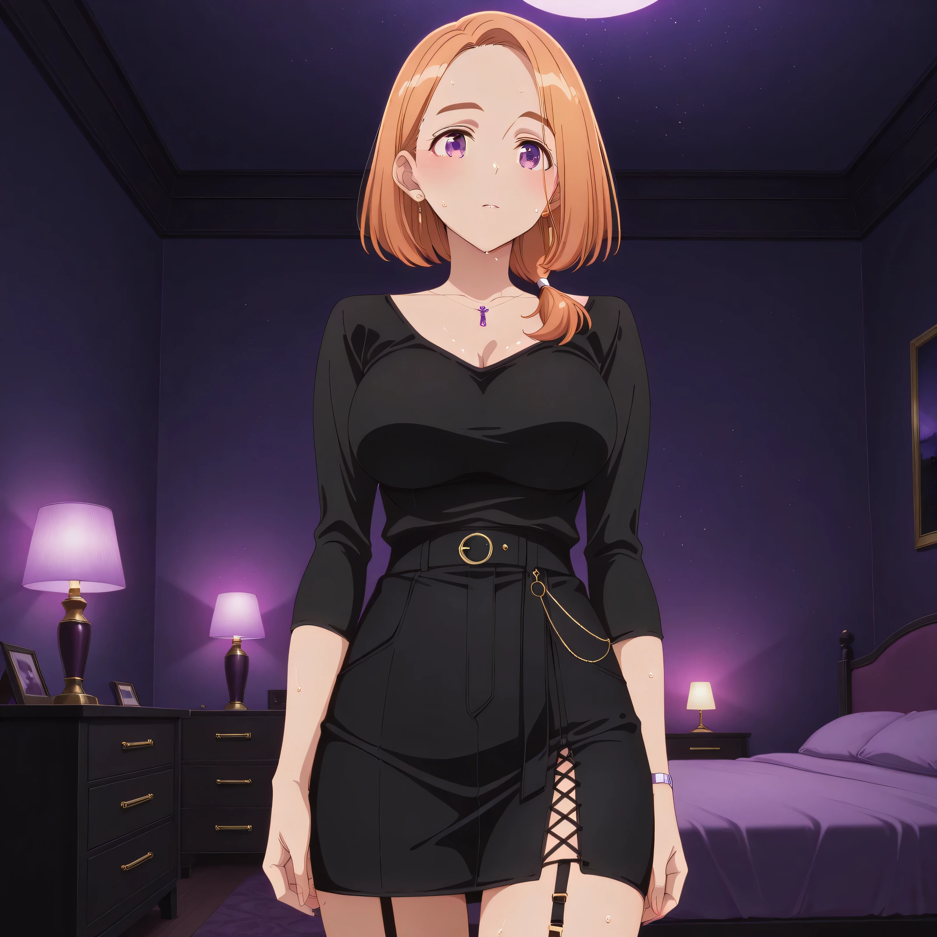 masterpiece, best quality, absurd, latest, high resolution, official art, screenshot, anime screenshot, anime coloring, 1girl, banri shiunji, medium hair, purple eyes, orange hair, hair over shoulder, mature female, large breasts, in a luxury hotel at night, dark room, beautiful aesthetics with purple light, very detailed room, body with a lot of sweat and all over the body, at night, dark room, beautiful aesthetics with purple light, very detailed room, very beautiful aesthetic lighting, lighting with a lot of realism on the body, beautiful scenery with a lot of details, tight skirt, cross-laced skirt, garter straps,