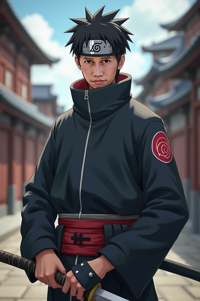 Asian man with short black hair as naruto costume, iron plate with the konoha symbol attached to his headband, he holds a sword perfectly, standing at Konoha buildings
