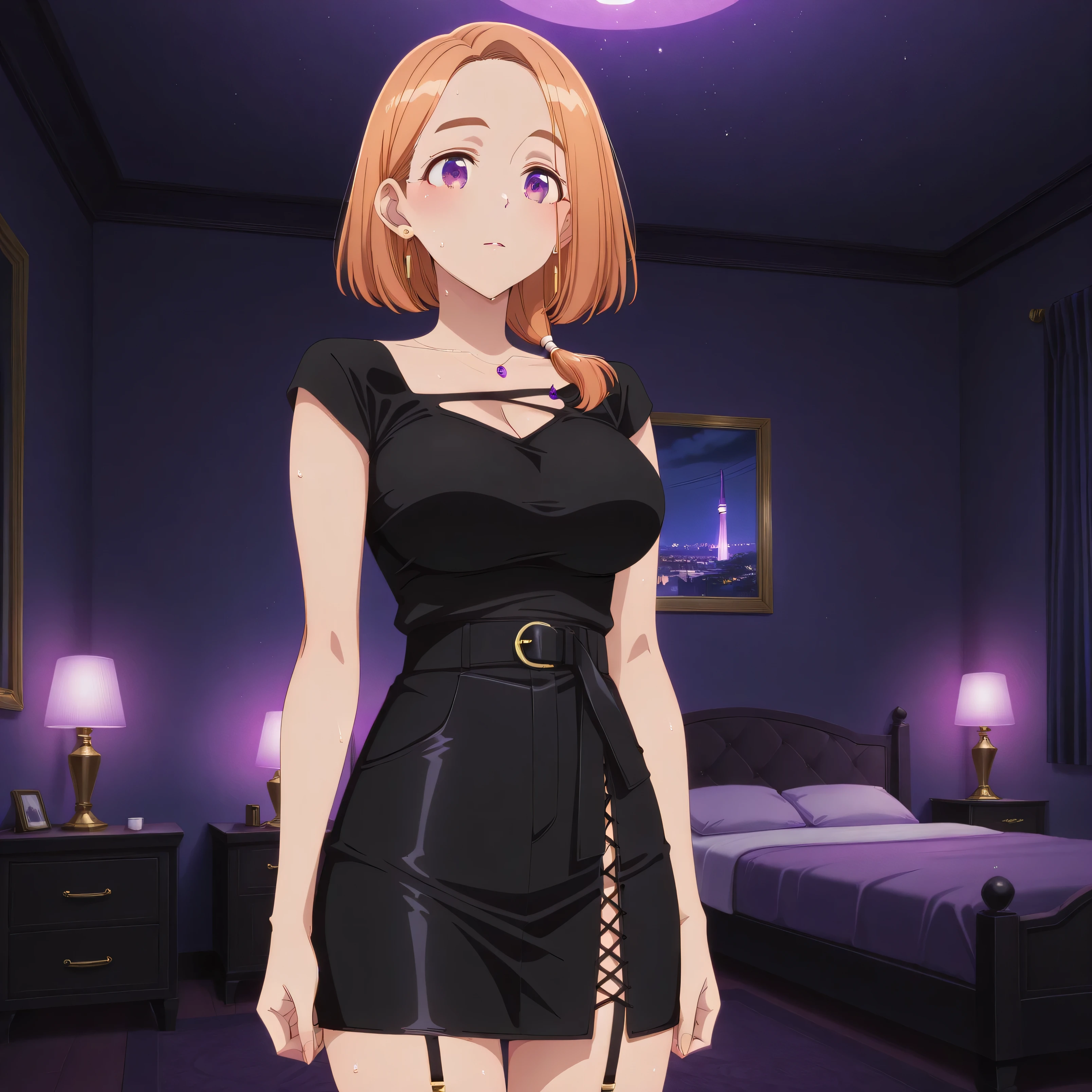 masterpiece, best quality, absurd, latest, high resolution, official art, screenshot, anime screenshot, anime coloring, 1girl, banri shiunji, medium hair, purple eyes, orange hair, hair over shoulder, mature female, large breasts, in a luxury hotel at night, dark room, beautiful aesthetics with purple light, very detailed room, body with a lot of sweat and all over the body, at night, dark room, beautiful aesthetics with purple light, very detailed room, very beautiful aesthetic lighting, lighting with a lot of realism on the body, beautiful scenery with a lot of details, tight skirt, cross-laced skirt, garter straps,