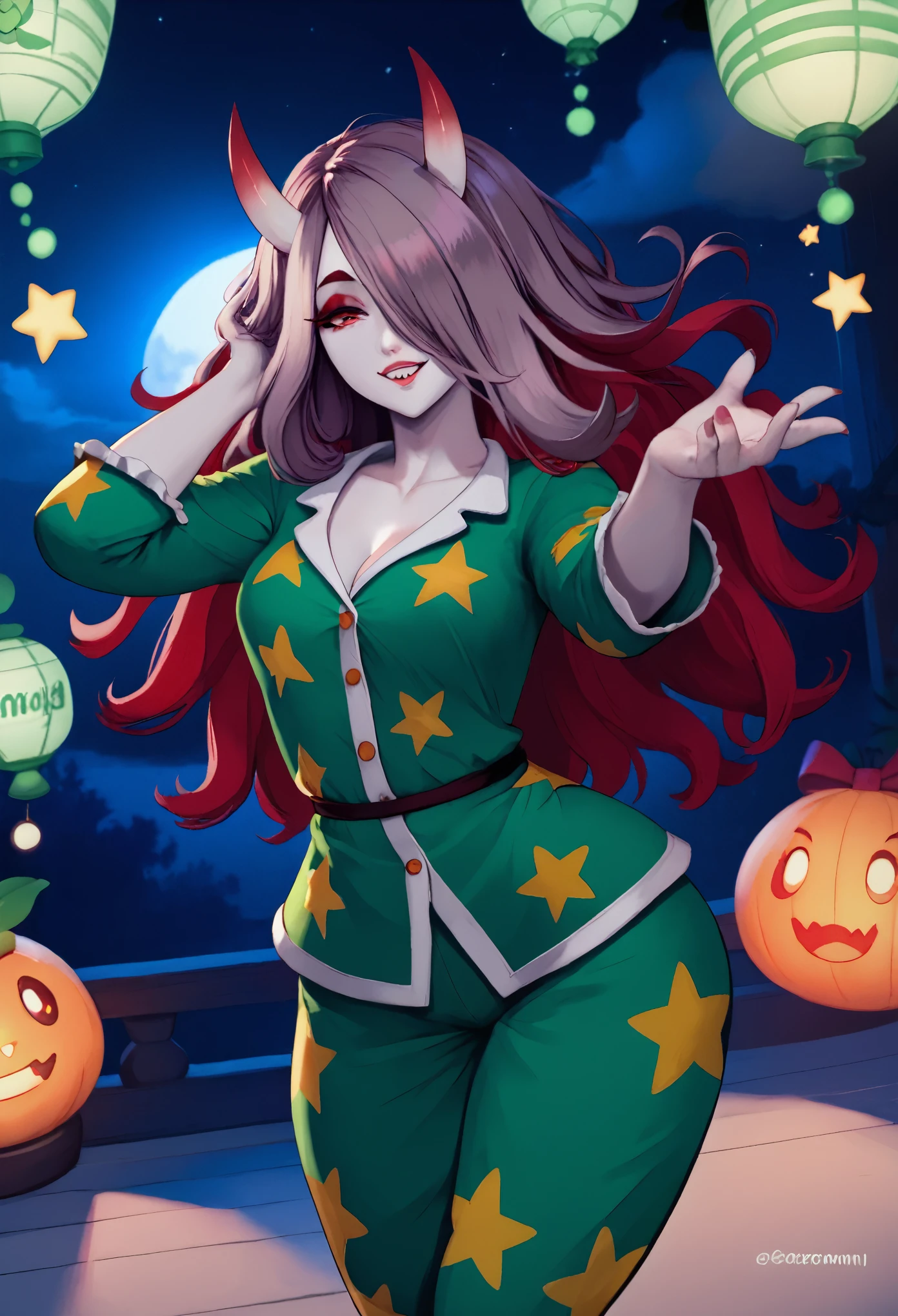 master masterpiece, 4k, highly detailed, night, bedroom, red and fern green palette, sucy manbavaran, oni, dasiwaoni, horns, oni horns, red horn color, solo female, dynamic pose, long hair, messy hair, happy expresion, cute face, 1girl, solo, pale skin, french grey skin, long hair, red hair, hair over one eye, half-closed eyes, red eyes, red eyeshadow, makeup, green pajamas, star pajamas