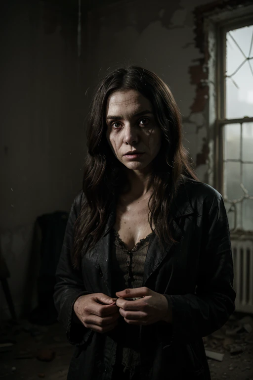 ((best quality)), ((masterpiece)), (detailed), perfect face, Create an image of a decrepit undead figure with sunken eyes, grayish skin, and tattered clothing, emerging from a dark and misty graveyard. Use a spooky and atmospheric backdrop to enhance the horror of the scene