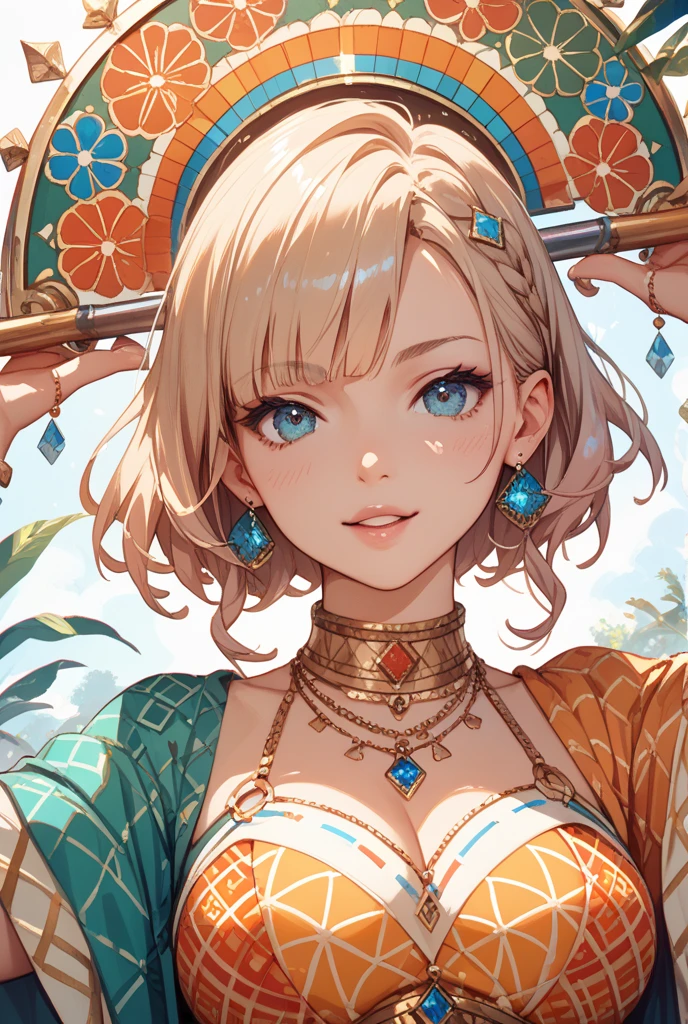 (Masterpiece, Best Quality, Best Quality, Official Art, Beautiful and Aesthetic: 1.2), (1 Girl: 1.3), Very Detailed, (Fractal Art: 1.2), Leaves, Most Detailed, (Zentangle: 1.2), (Dynamic Pose), (Abstract Background: 1.5), (Traditional Clothing: 1.2), (Shiny Skin), (Various Colors: 1.4), Upper Body, Looking at the viewer gently and affectionately, like a goddess,
