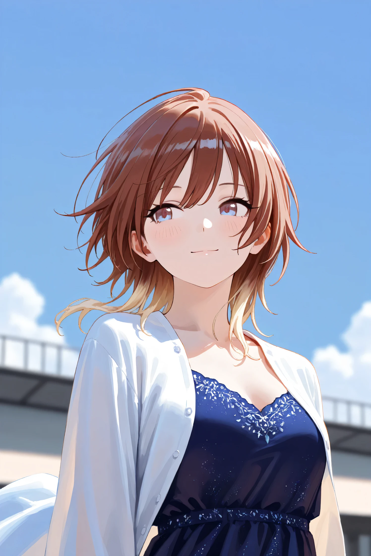 (Masterpiece), (Highest quality), (Very detailed),
(The best shape), (Best Shadow), (Absurd),
(Detailed background), (So beautiful), Shiny ,
Extraordinary, Countershading, 8k, 32K, High resolution, Beautiful eyes in every detail,
Very Detailed CG, UHD,
Score_9, Score_8_up, Score_7_up, Source_anime,
(Pastel painting:1.2), (Watercolor painting:1.2),
(Masterpiece, Detailed:1.2), (Foreshortening:1.2),
Cinematic, Dramatic, (Depth of field:1.4),
(Blurry background:1.4), (Realistic background:1.4),
(Foreshortening:1.3),Dynamic angle, 1 girl,
Outdoor, rooftop, blue sky, cloud, wind,
aketa mikoto,
The idolmaster shiny colors,
m_aketa,
brown hair, medium hair, blonde hair, multicolored hair,
brown eyes, blue eyes, multicolored eyes,
(Casual wear:1.3),
(indigo dress:1.1), casual dress, long dress,
shirt, open shirt, long sleeves shirt,
Focus on face, (close up shot:1.2),
(Blush:1.3), looking away, smile, happy,
Realistic skin, Shiny skin,