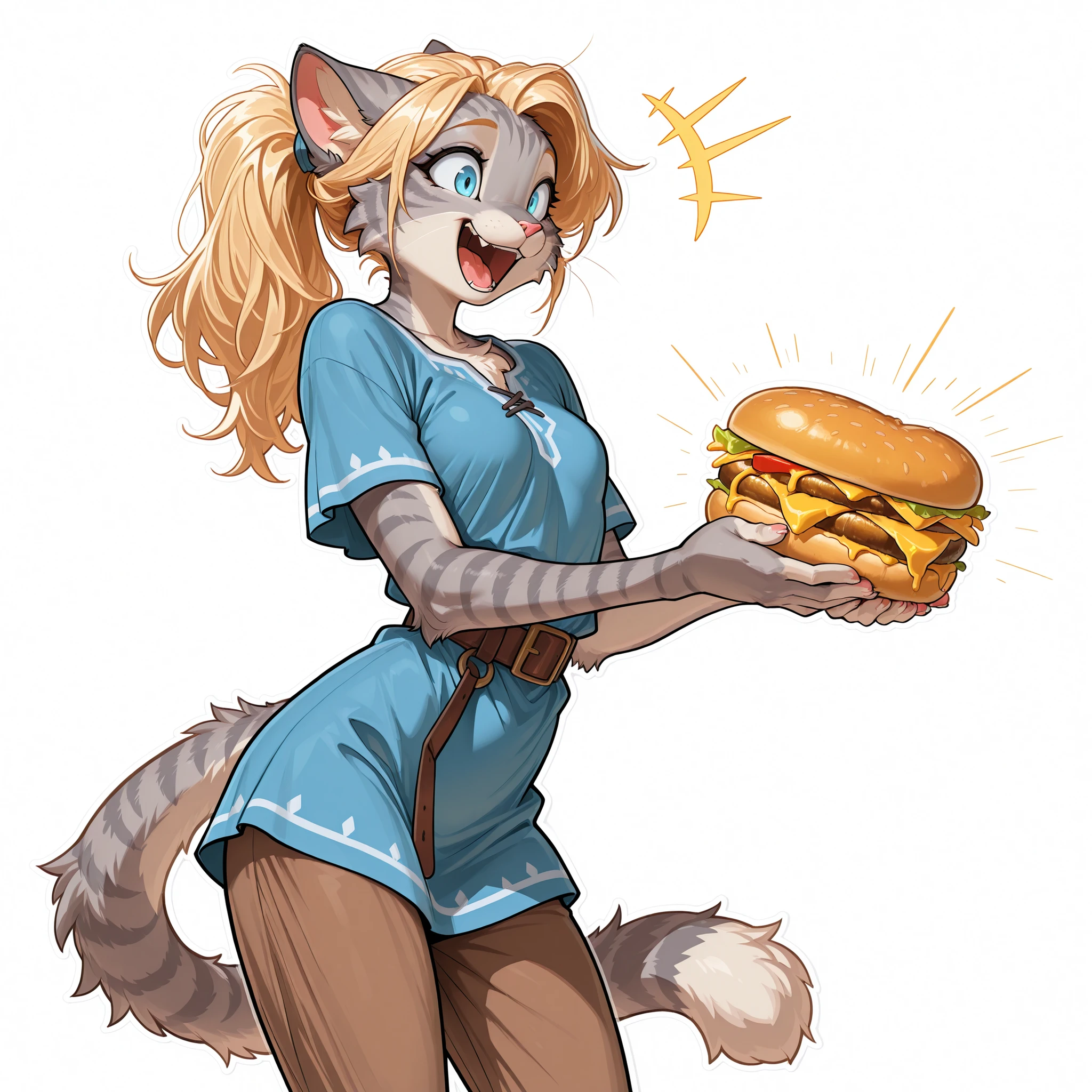 , masterpiece, best quality, amazing quality, toony, katxl, blonde hair down, anthro furry feline, grey striped body, slender body, blue eyes, excited expression, mouth open, small breasts, long blonde hair, hair in ponytail, grey striped fur, cat tail. wearing blue tunic, brown pants, Belt, she is holding a cheeseburger, holding out her hands with the cheeseburger, looking forward, fluffy fur, soft shading, clean lineart, outline, high quality, white background,
