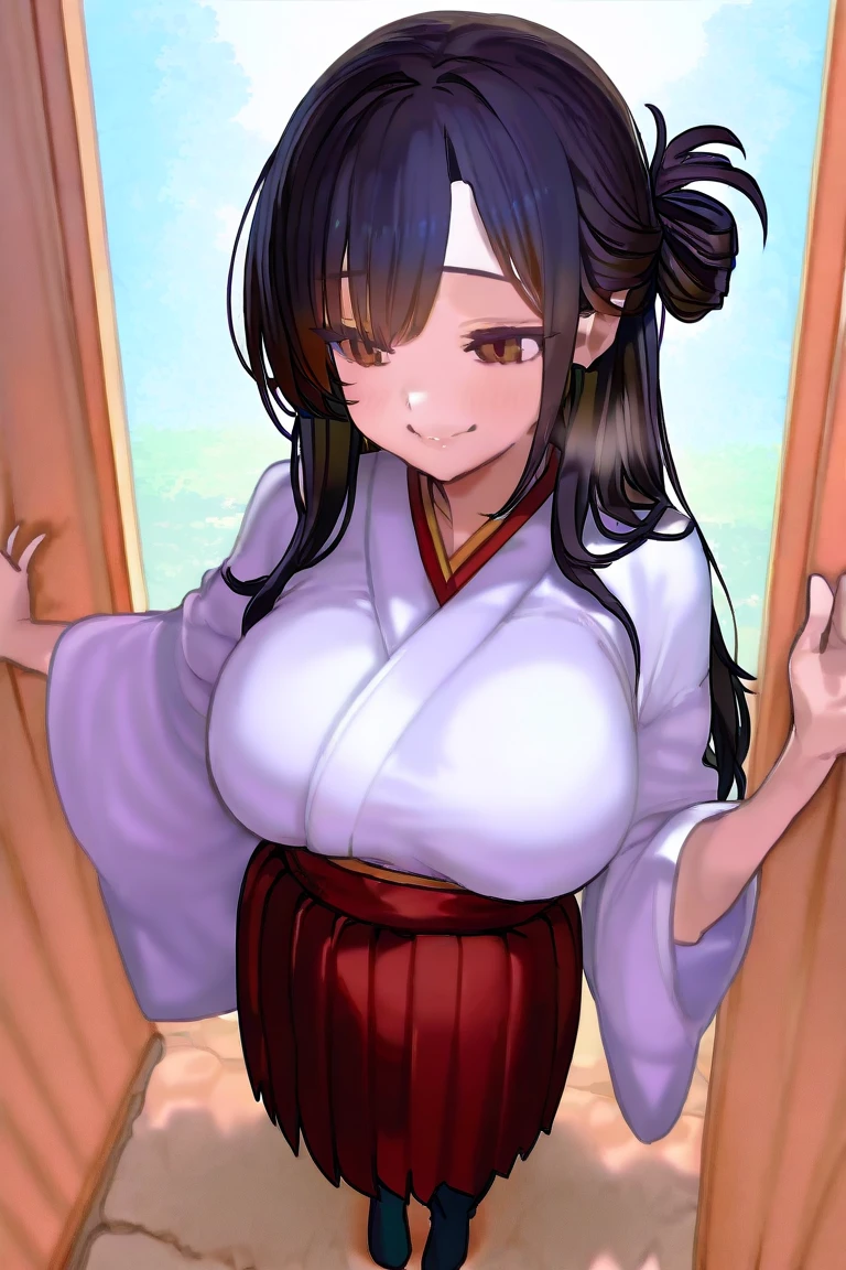 Japanese kimono with floral pattern,Off-shoulder, 1 girl,20 years old, ,large Chest, Young women,Fair Finger,Fair long legs,Fair Body,Fair Nose,Fair character design, Perfect eyes, perfect Face,Expressive eyes, Looking at the audience,(lead_Body),(Focus on her Face), Official Art,Extremely detailed CG unity 8k wallpaper, Perfect Lighting,rich and colorful, bright_front_Face_Light,發Light的皮膚, (masterpiece:1.0),(the best_quality:1.0), Ultra-high resolution,4K,Very detailed, photography, 8K, Human Development Report, high resolution, absurd:1.2, Kodak Portrait 400, Film Grain, Blurred background, Bokeh:1.2, 鏡頭Light暈, (Full of energy_color:1.2) (Fair,Target_Chest:1.2), (Fair_Face:1.5),(narrow_waist), Smile, Happy,Purple Eyes, Black Hair,Bangs,Ponytail,