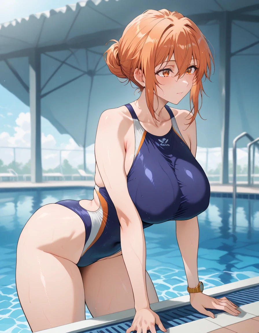 score_9, score_8_up, score_7_up, score_6_up, score_5_up, score_4_up, (source_anime), 1girl, neon genesis evangellion,( asuka langley soryu, big breasts, big Thighs, puffy nipples), far, full body, Swimming pool ,Revealing the breasts, Swimsuit, Wet, school, ass focus, self breast suck