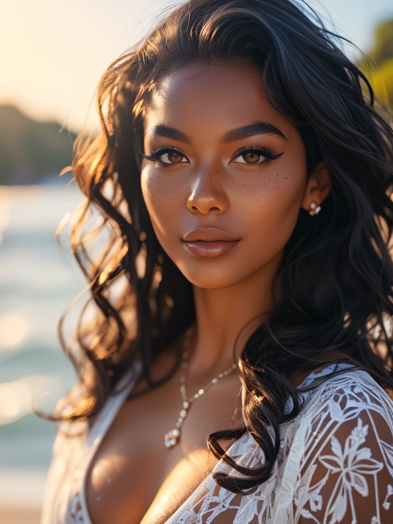 (best quality,4k,highres, highres face details), black long wavy hair, tied up in a ponytail, wearing a black bikini, 18 years old, instagram model, 36DD breast, pretty face, fake lashes, natural lips, dark skin, she is skinny, athletic body, she is caucasian, golden hour, huge breast 36DD, posing, sexy, sensual vibes, whole body image, from head to toes