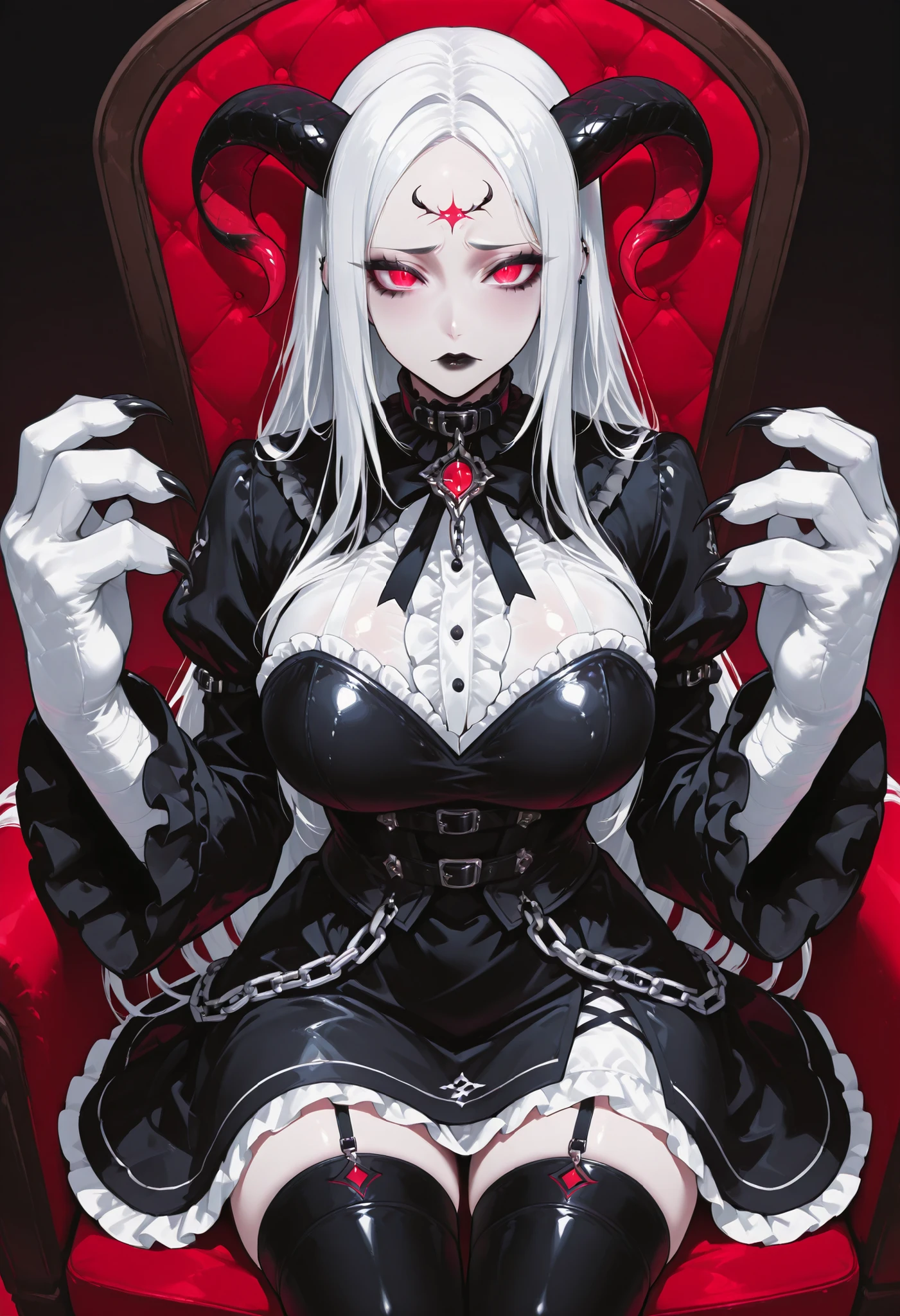 A girl in a gothic dress. White hair. Long hair. One-sided horn on forehead. Worried eyes. Glowing red eyes. Black lips. Black costume. White frills. Big hands. Sharp claws. Big breasts. Sitting. chain. Snake nearby. A big snake.