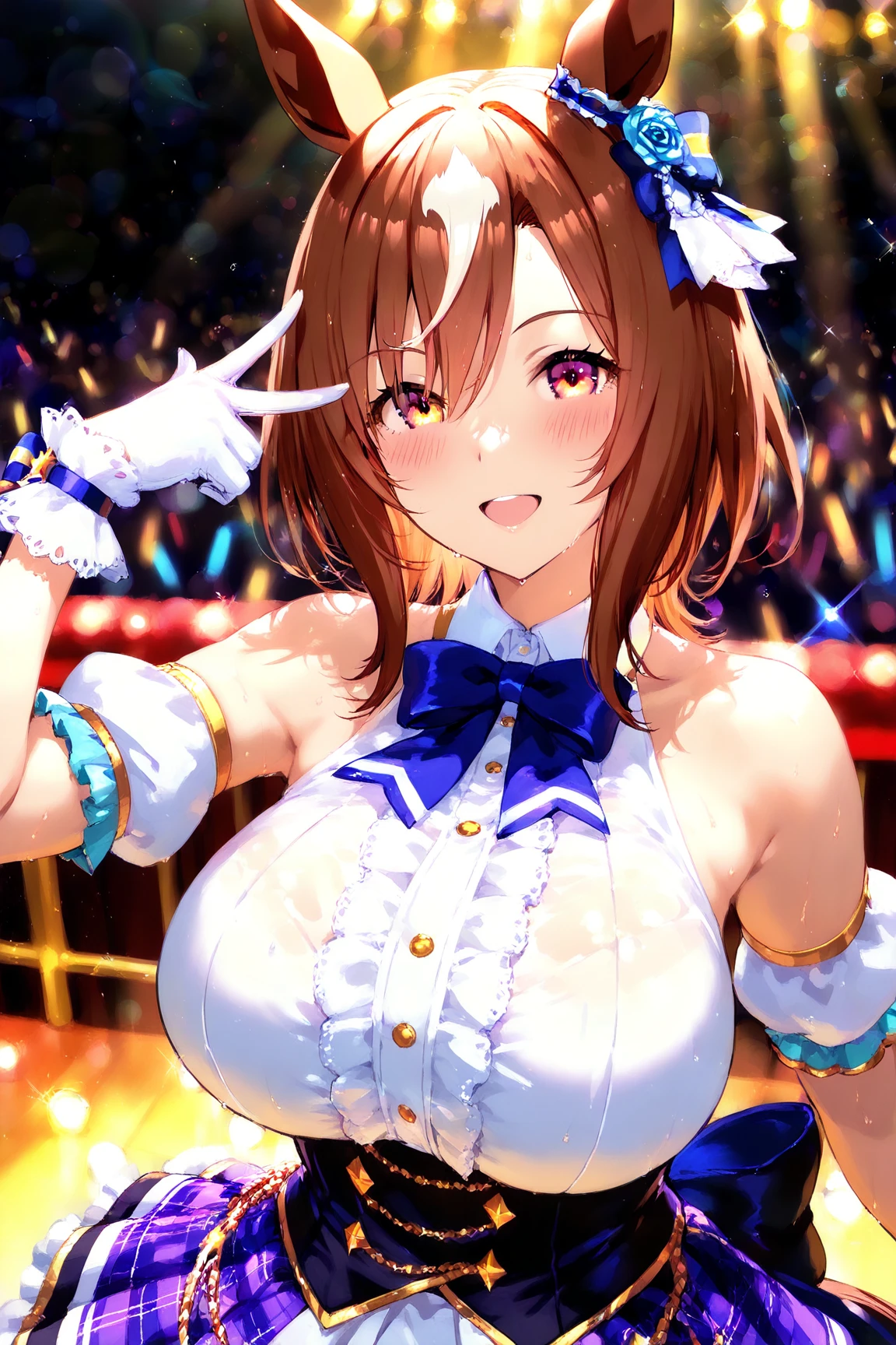 top-quality、Full limbs、complete fingers、Slender beauty、straight haired、Brown hair、Deleste、Blue, white and purple idol costumes、high socks、Beautiful Large Breasts、Live Stage、Singing、Dancing、A big smile、White panties