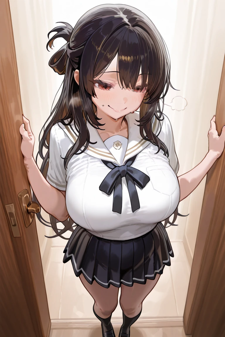 Italian girl, 25 years old, very long brown hair, gigantic breasts, thin, wearing a torn white shirt and a black pleated miniskirt, office, kneeling