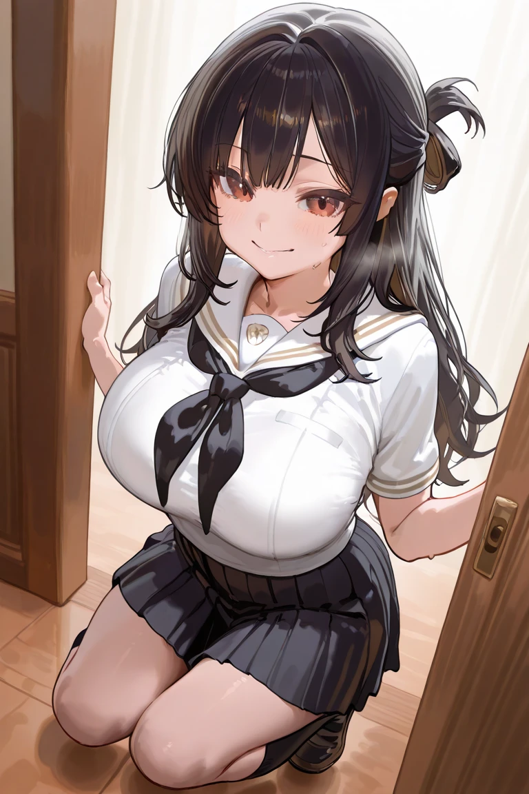 Black color hair,red - eyed,Long hair single ponytail,Meow woman,Semi-nude JK school uniform,The kinky is exposed,delicated,nakeness,Unoccluded,seductiv,cat ear,full bodyesbian,No underwear,ultra-transparent underwear,A coquettish expression,big-breasted loli,slightly fat big breasts,nudegirl,black lence stockings,Bigchest,white bows