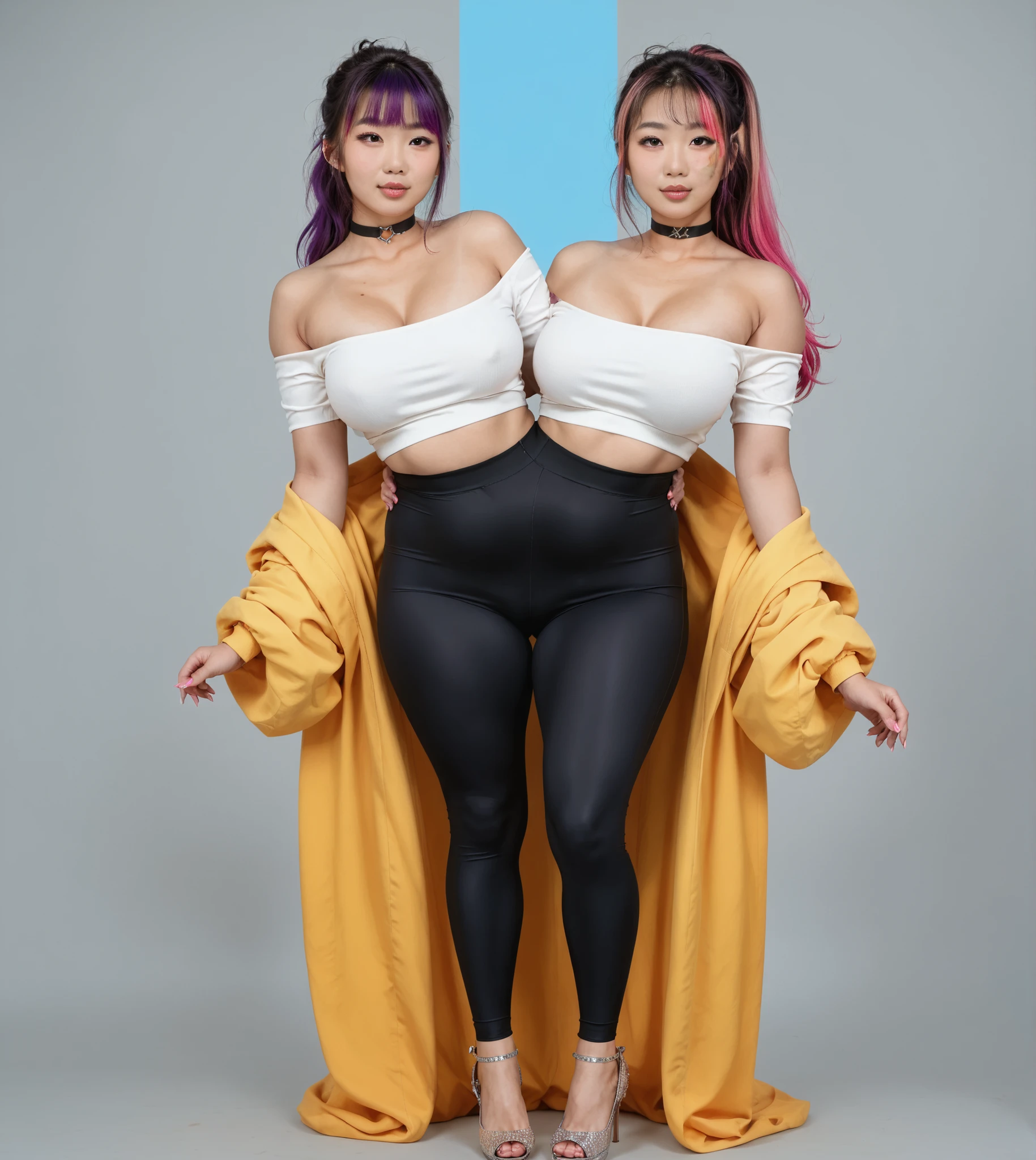 2 heads,Photo of a 50 year old woman with brown hair, captivating gaze, brown eyes, wrinkles on her face, black pantyhose,black high heel boots,she wears very sexy lingerie underwear、、reveals her big saggy breasts, light makeup and red lips. 32K