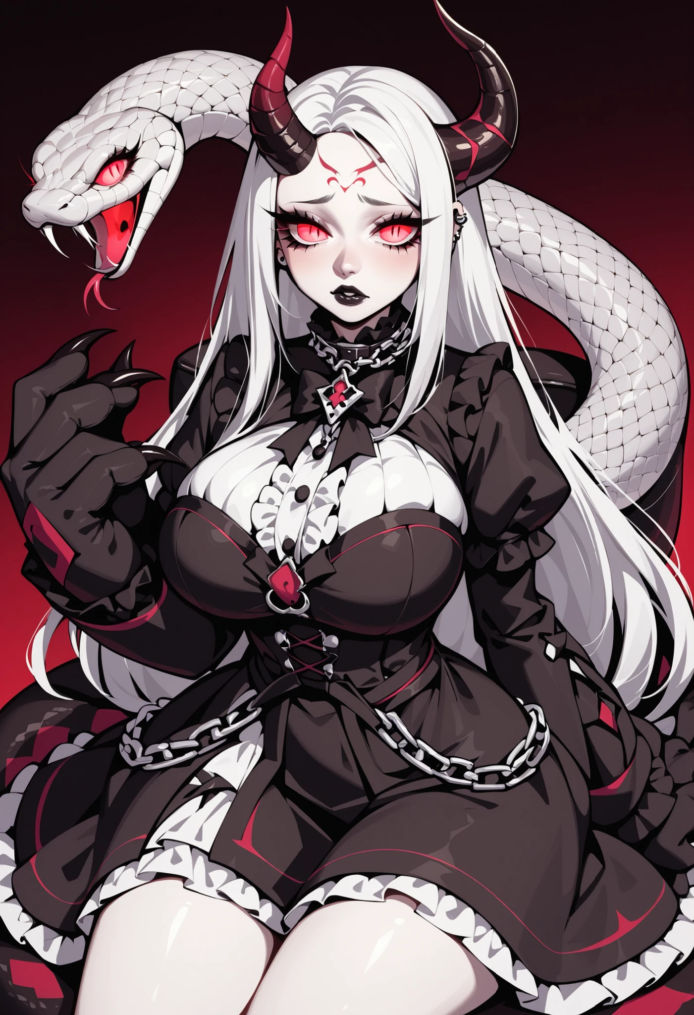 A girl in a gothic dress. White hair. Long hair. One-sided horn on forehead. Worried eyes. Glowing red eyes. Black lips. Black costume. White frills. Big hands. Sharp claws. Big breasts. Sitting. chain. Snake nearby. A big snake.