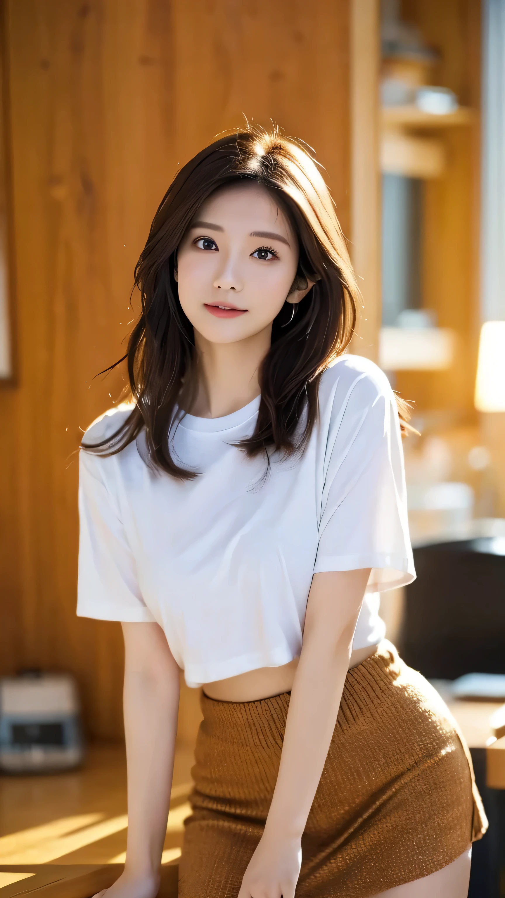 best quality,8K, very detailed, in fine detail, high resolution, 8K wallpaper, perfect dynamic composition, Meticulous Eye, beautiful eyes on my stomach、looking at camera、best quality、model、Slender Body、pictures、brown hair semi-long、Beautiful Faces、Actual item、Mako Tamura、miniskirt、T-shirt、