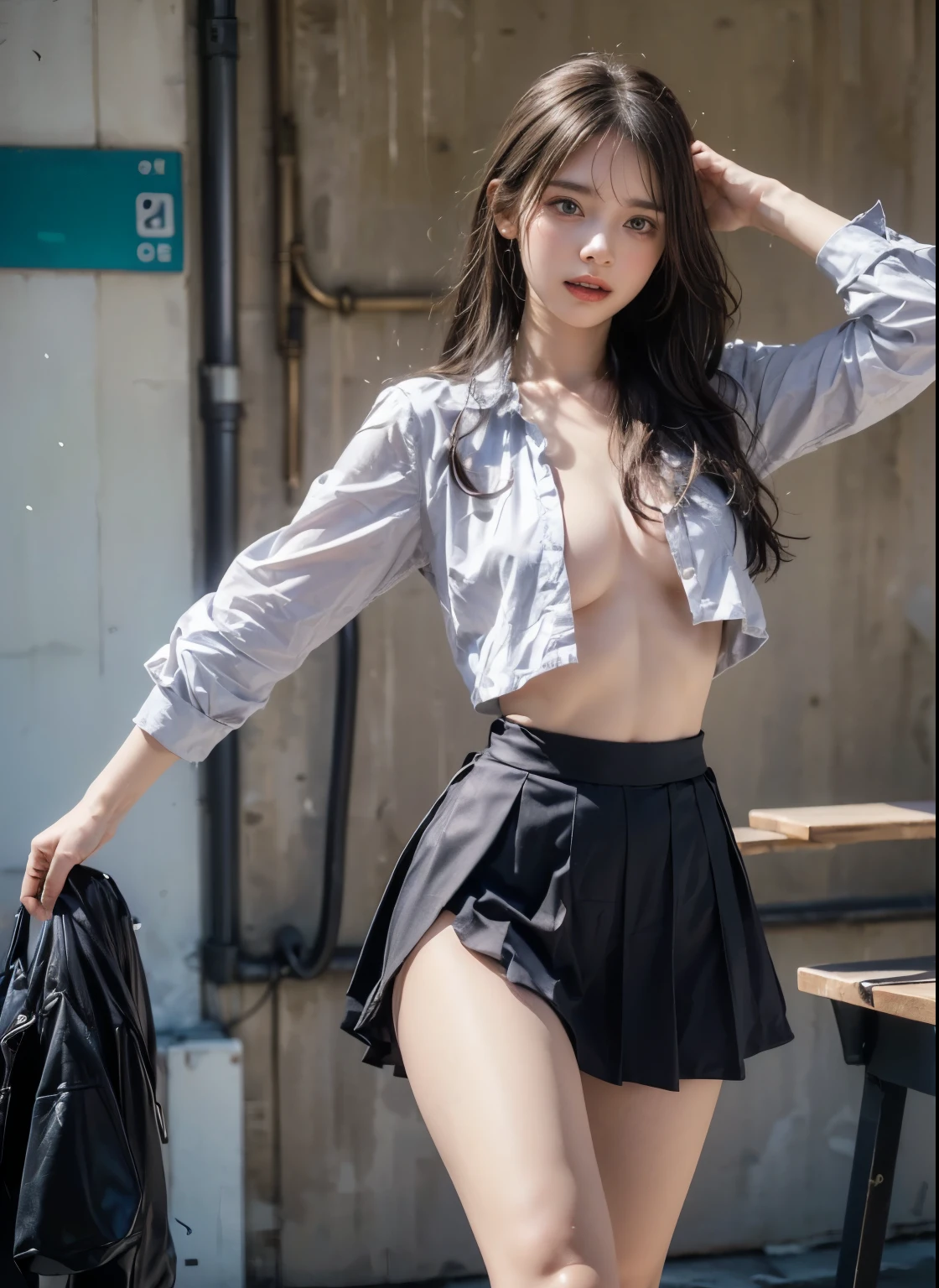 Pubic hair grows、Smile full of happiness、((Transparent lace panties:1.3))、Don't wear panties、、Panting face、Lacking、school girl outfit(Plaid miniskirt)、a sailor suit、Sweating、Expression in a state of excitement、short-hair、eye glass、Almost completely naked、Jumping、(((chest open and fully visible:1.5)))、1girl in, Amazing face and eyes, Smile happily, (extremely detailed beautiful face), (School uniform, Pleated mini-skirt:1.3), (Uniform with wide open chest), (Naked_Shirt:), (Best Quality:1.4), (Ultra-detailed), (A hyper-realistic, Photorealsitic:1.37), Beautiful fair skin, extremely detailed CG unified 8k wallpaper, Raw photography, professional photograpy, Cinematic lighting, Walking, (strong breeze), (Her skirt flutters in the wind:1.7), (pantiy:1.5), Outdoors, Commuting to school, crosswalk, Signal, A refreshing morning, Sunlight, View from below