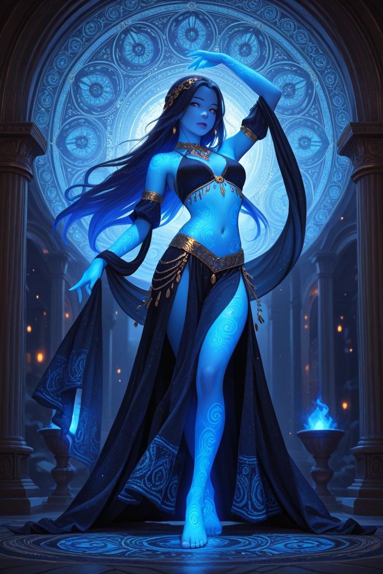 Goddess Kali, beautiful, blue skin, 4 hands, standing on mount Kailash, completely naked, beautiful, long hair, large breasts, wide hips, front view, full body, holding a trident, breasts visible, butt visible, graceful, realistic, light effects, by Boris Vallejo, Frank frazetta, Louis royo