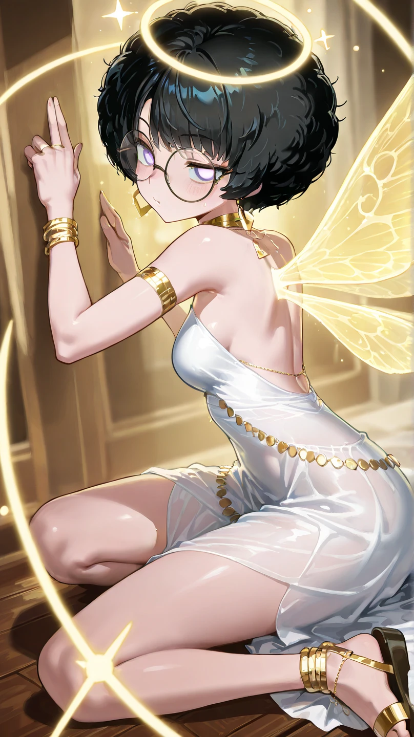 General Description : The image shows a fairy-like character, In artistic style /stylized cartoon, with an aesthetic etcetera modern. She is crouched on a shiny black surface, with luminous wings that emanate sparkle around her. Physical Traits: Tom de pele: medium-tone skin with warm undertones, suggesting a possibly mixed or racialized origin (can refer to Afro-Latin features, but is stylized enough to be unspecific). Cabelo: short hair, Black and smooth, with a modern cut in marked waves, glued to the scalp, , recalling a “finger wave” style. Rosto: DELICATE AND SOFT STROKES. Large, expressive eyes with lashes marked. glasses: Wear large round glasses with a thin, translucent frame, that add a touch intellectual and stylish. Maquiagem: Leve, but with a highlight of the eyes and the blush on the cheeks. Clothes and accessories : Vestido: White dress with transparency and shiny dots (as if they were stars), with a deep neckline and bare back. sandals: sandals de salto alto transparentes com detalhes de borboletas brancas, that complement the fairy look. Brincos: Use golden triangular earrings. Bracelets and anklets: Delicate and shiny details. Wings and Visual Effects: Asas: Large translucent fairy wings, with blue-white sheen and the effects of surrounding stars. Efeitos: The character is surrounded by s twinkling stars, reinforcing the magical and enchanted aspect. art style: cartoon style/glamorous with shiny digital finish. Inspiration probably in runway fashion mixed with fantasy.
