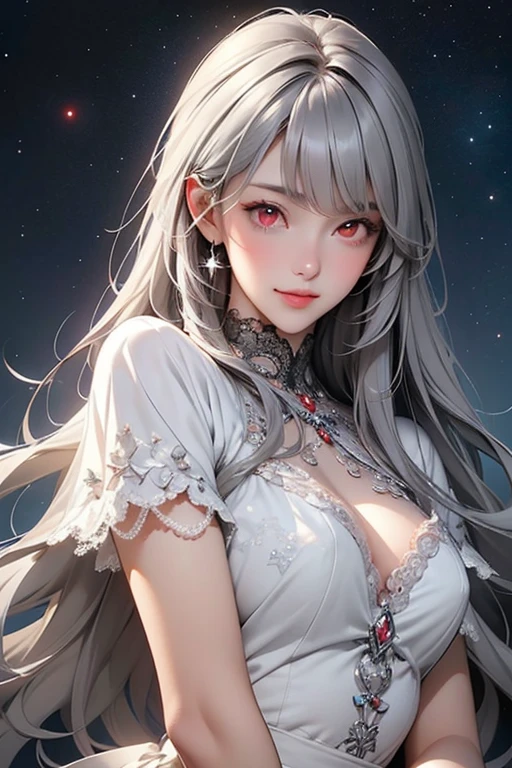(masterpiece, highest quality, Super detailed, High resolution, figure:0.8), Highly detailed wallpaper, Official Art, wonderful, High detail, Super detailed, Highly detailed 8k wallpaper,Closed whole body, (((Burstingly Big Breasts)))、Bright silver hair, Red eyes with elongated pupils, (outer space with shining stars: 1.3), (One girl, alone),(Gorgeous bright red dress),sexy,Perfect Anatomy,Beautiful Face, Provocative, 