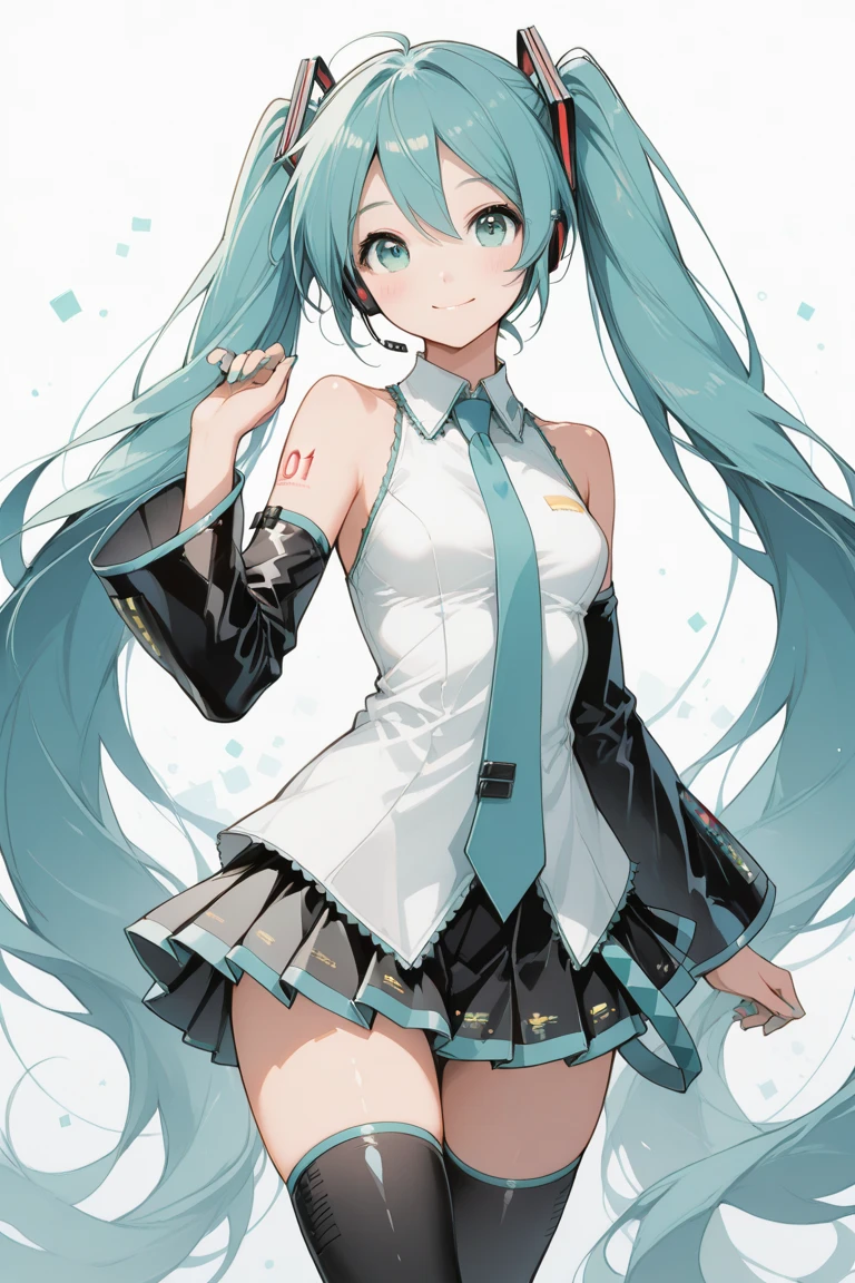 1girl in, Solo, female chilD, masutepiece, beautiful hanDs, Hatsune Miku, White shirt, (Black skirt:1.3), blue necktie, bare shoulDers, DetacheD sleeves,
BREAK
:D, Happy, Smile, Looking at Viewer, ✌️,(Contrapo:1.5), Squatting,
BREAK
stage lights,