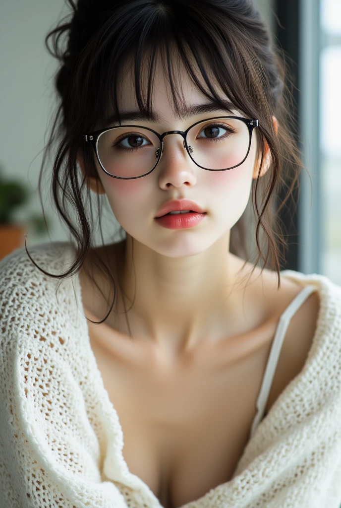 ((top quality)), ((傑top quality、masterpiece、high sensitivity、high resolution、detailed description、describe a delicate face)),(Slender Woman、wearing glasses、)girl with glasses:1.3, slender body, tight buttocks, perfect body, (small breasts), thin thighs, (closes one eye, ):1.3, break, Woman wearing(long knit sweater, One Piece), to show your cleavage, dark brown hair, hair bun, break, (natural skin texture, Detailed shiny skin, dark eyes, SHINY LIP GLOSS, (tongue:1.8), smiles happily,