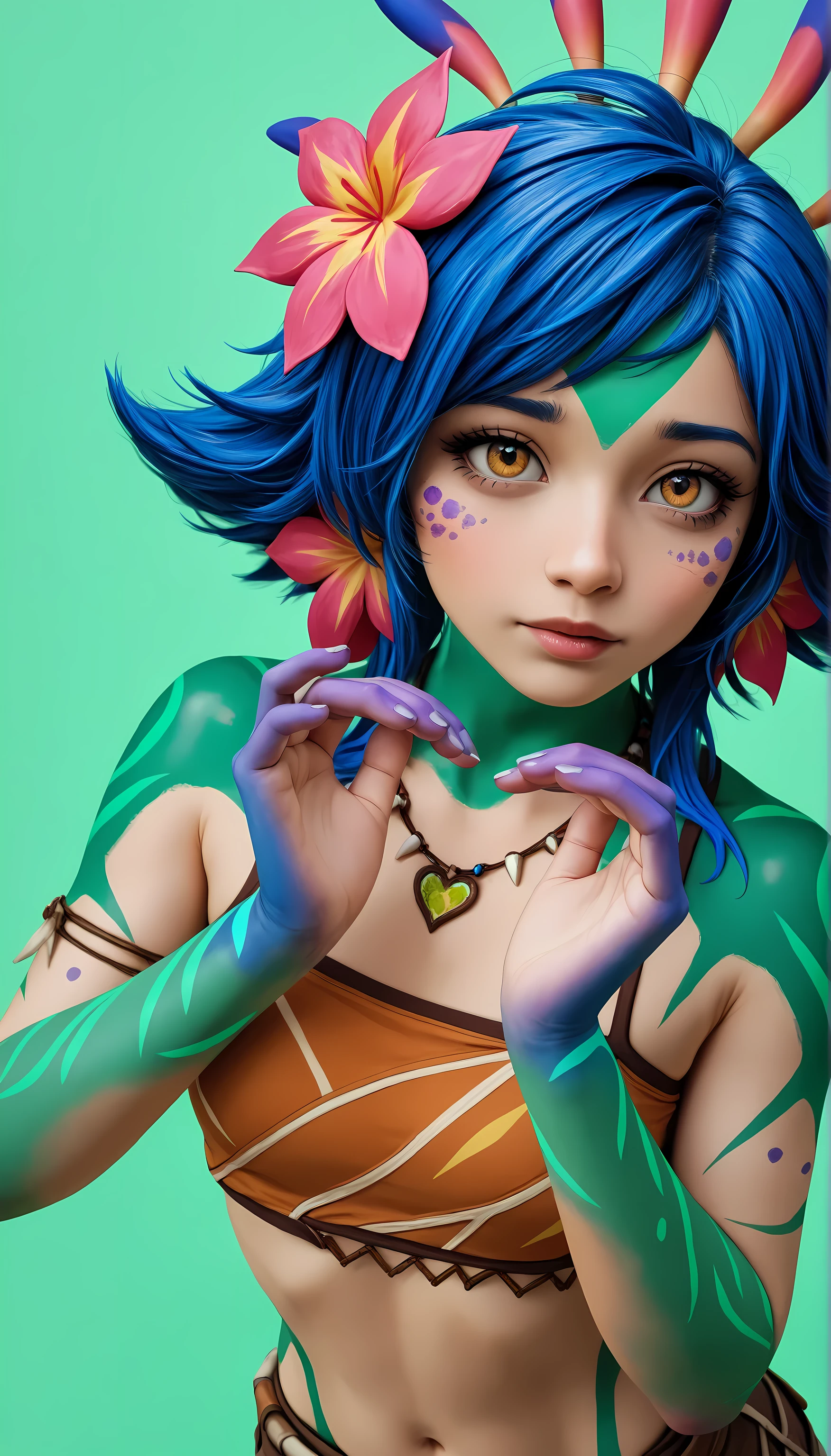 (photography, best quality), photorealistic, RAW, best score, best anatomy, ultra deitailed, amazing quality, very aesthetic, realistic:1.4 absurdres, highres, 2024, newest, HDR, 8K, high detail RAW color Photo, high contrast, portrait, (close up), large pupil, eyelashes, microtexture, rich in realistic textures,
neeko, facial marks, hair ornaments, hair flower, necklace, brown shorts, croptop, upper body, ((forced perspective)), (making a heart with his hands), natural pose, creative angle, ((minimalist green background))