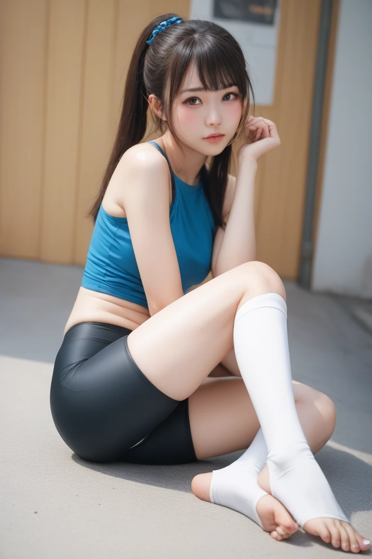 One woman wearing dark blue bloomers(ponie tail)(dark haired)(bare leg)(Dark eyebrows),No shoes on,Not wearing socks,bare leg,gymnastic suit(blanche)(Dark blue line),Open legs and see the crotch area(Beautiful shape),Image quality of instant cameras