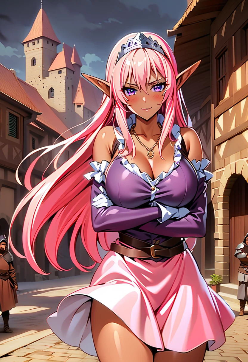 (masterpiece: 1.2, best quality), (very detailed face, real image, realistic skin, realistic body, intricate details), 1lady, solo, upper body, big, Dark elf, petite, pointy ears, pink hair, medieval clothes, rpg, medieval tavern background