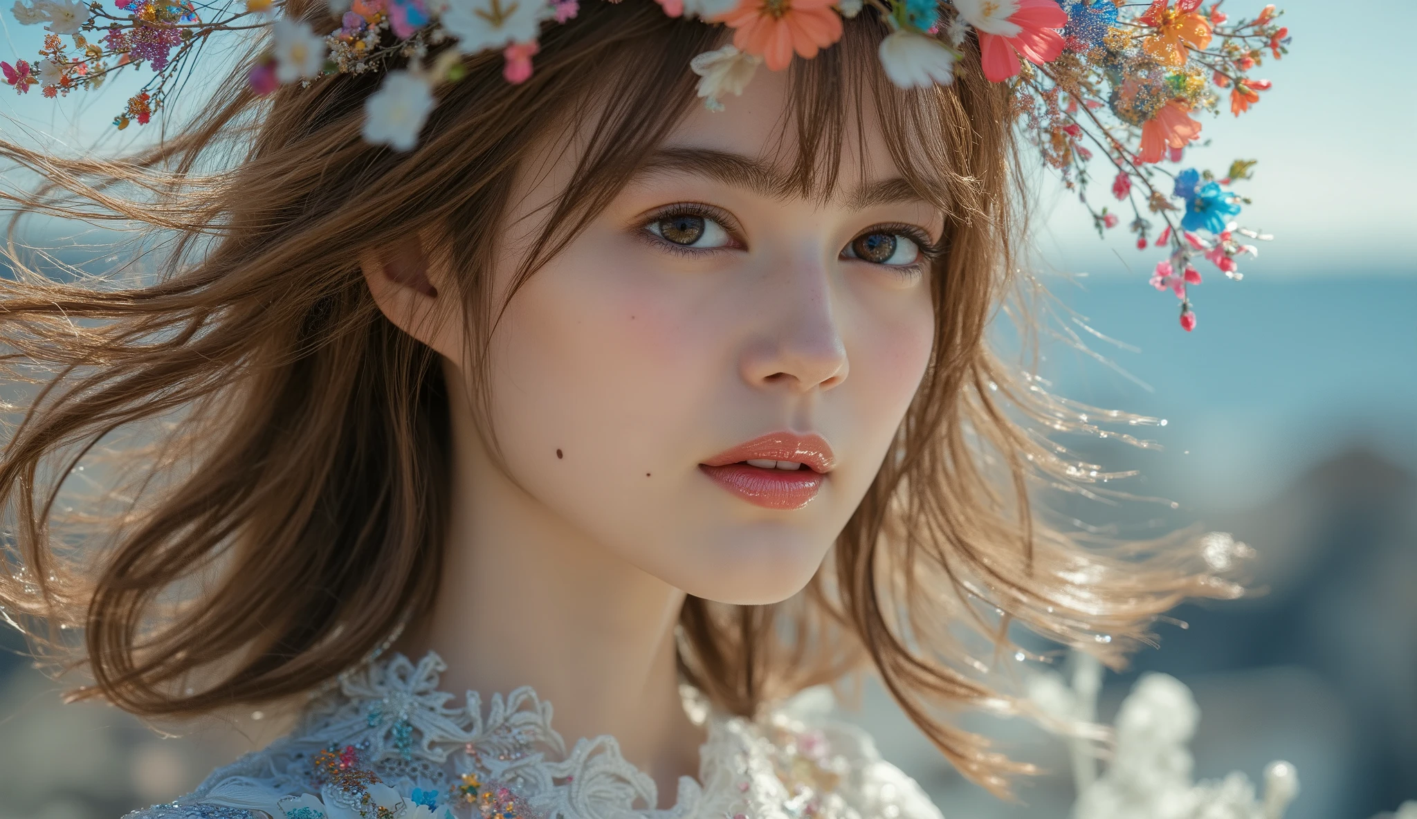 Top Quality, 8k, masterpiece, (( straight hair :1.8, perfect center part , 全てof額を見せて:1.8, 虹色of髪 , White eyebrows, camera)), ((Huge Saggy Breasts:1.8)), ((アメリカンコミックスタイルof涼しい構図とポーズ:1.8)), (High Brightness, High saturation), (それぞれofフラワーストームが異なる虹of色を反映する空間, Dreamy Dimensions , 虹色Toきらめく吹雪 :1.8, 虹色ofフラワーストーム :1.8, 虹色of曇った霧、または腐食した虹色of金属を思わせる質感を作る. 彼女of周りToは、虹色To輝くスワロフスキーof嵐が開いた心と共Toきらめいています:1.8,), (( 全身of女of子がスワロフスキーで刺繍されたディテールデザインofドレスを着ています:1.8)), simple, (( minimalism, 女of子of左側of空白スペース :1.8)), ピエール・スーラージュof芸術的インスピレーション
白い背景,1人of女of子, 薄暗い夜ofESDE _To_of_side, FASHION AND LUXURY OUTFITS ,Reverse Cross,Unexpected Composition ,忘れられない色of組み合わせ,負ofスペースof構図,depth of writing, atmospheric perspective ,Vanishing Point