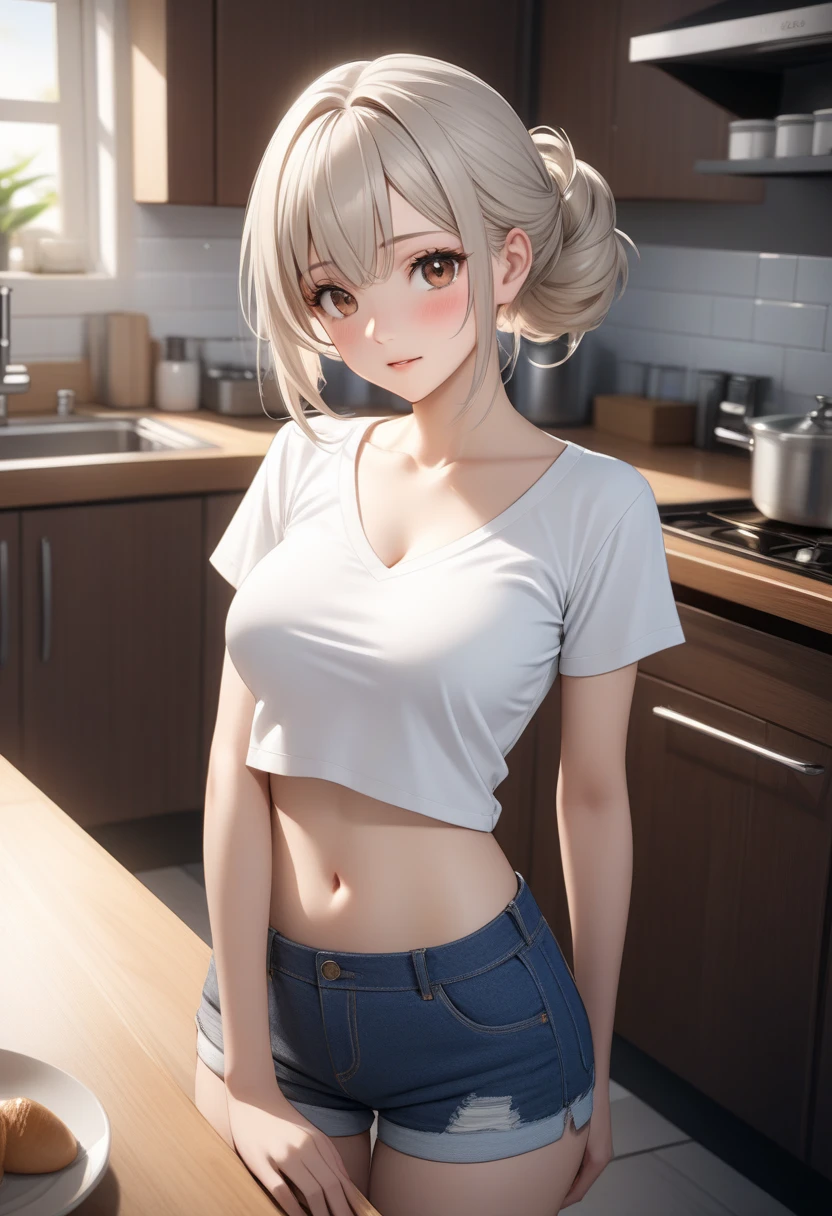 Photorealistic beautiful female student、18-year-old、night view、amazingly beautiful、very high quality clarity、beautiful body、(highest quality、8K、32K、masterpiece、nffsw:1.3)、ultra high resolution,(Photoreal:1.4),RAW photo, detailed face,,beautiful hair, ((Doctor Style)), ,very short hair 、very short hair、clean breasts、amazingly beautiful二重まぶた、 natural makeup,, small perfect breasts, wet hair、detailed background, perfect lighting, Depth of written boundary, beautiful shadow gradation、thin limbs、thin thighs、((whole body))、((white tank top、Nude lower body、I'not wearing pants))、wet body、((Cooking in the kitchen))、Beautiful and slim perfect body、beautiful high nose、Trimmed thin pubic hair